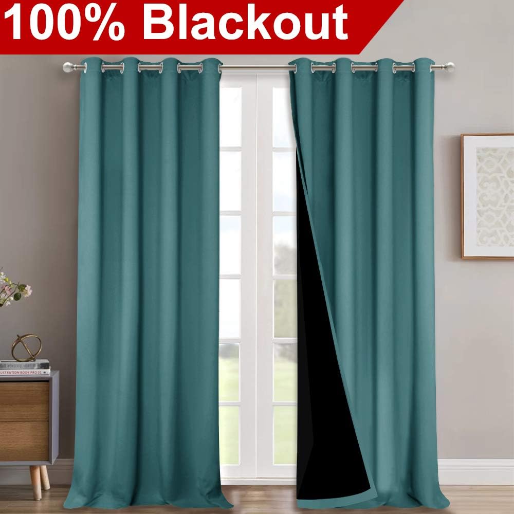 Nicetown 100% Blackout Curtains for Windows, Pack of 2, Sea Teal, 52" W x 120" L, Super Heavy-Duty Black Lined Total Darkness Drapes for Be…