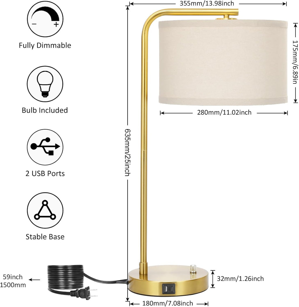 Fully Dimmable Bedside Lamp with C+A USB Ports, Mordern Gold Nightstand Lamp Desk Reading Lamp with Beige Drum Shade, Tall Side Table…