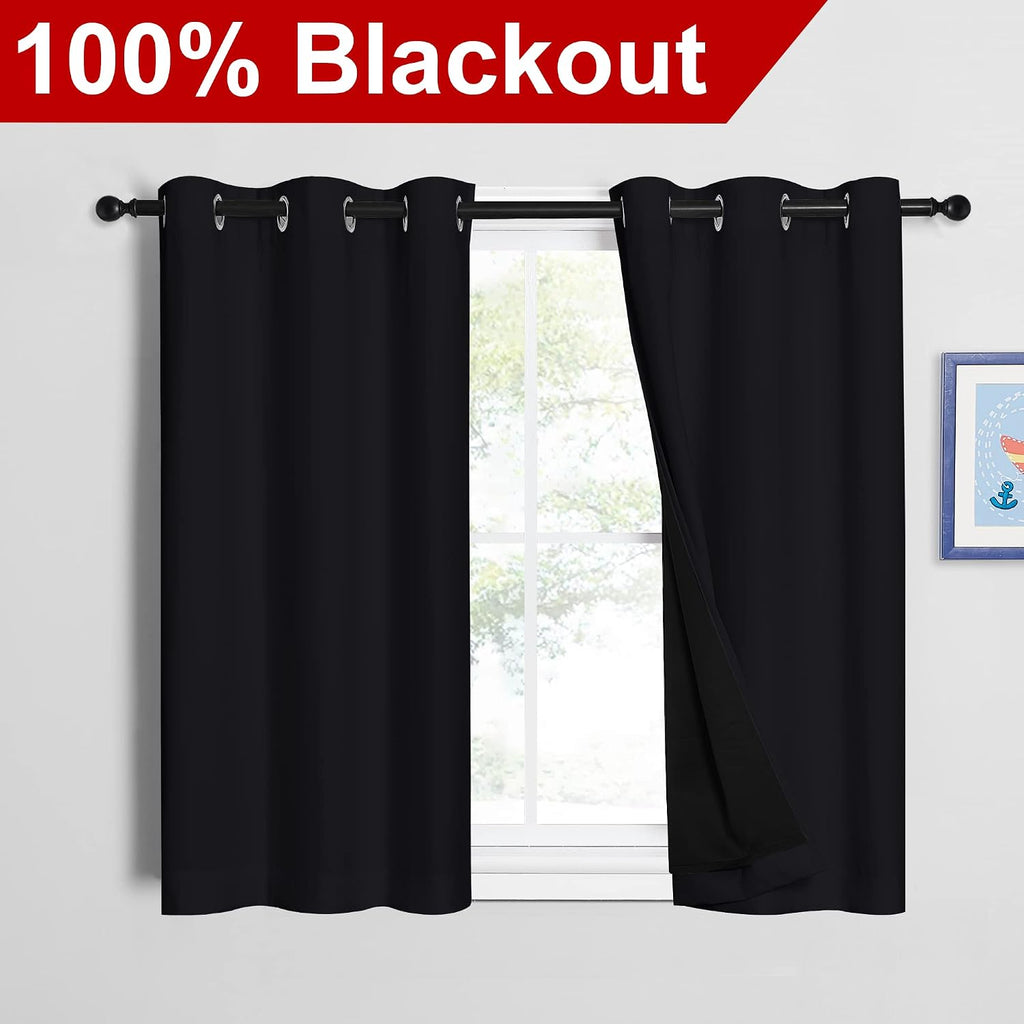 Nicetown Black 100% Blackout Curtains 45 inches Length, 2 Thick Layers Completely Blackout Window Treatment Thermal Insulated Lined Drapes…