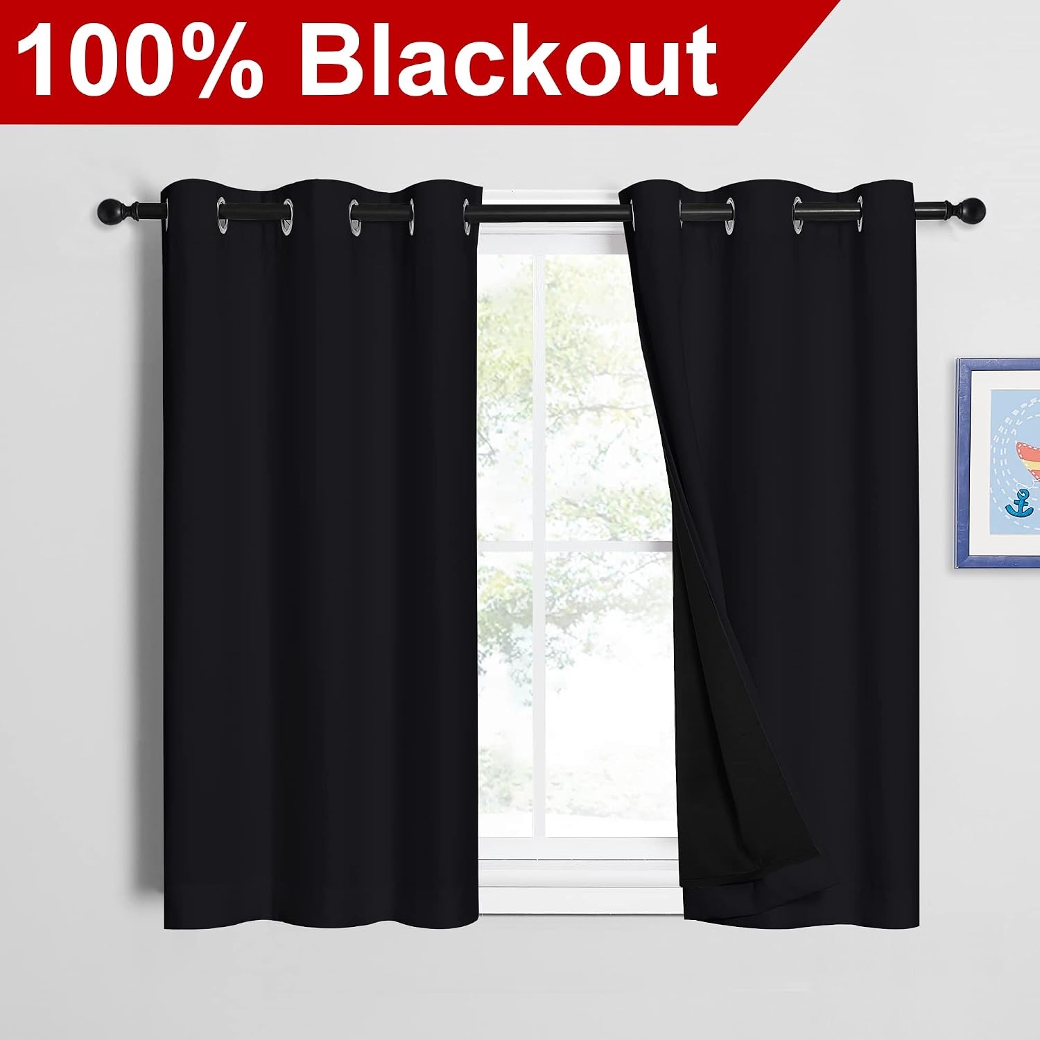 Nicetown Black 100% Blackout Curtains 45 inches Length, 2 Thick Layers Completely Blackout Window Treatment Thermal Insulated Lined Drapes…