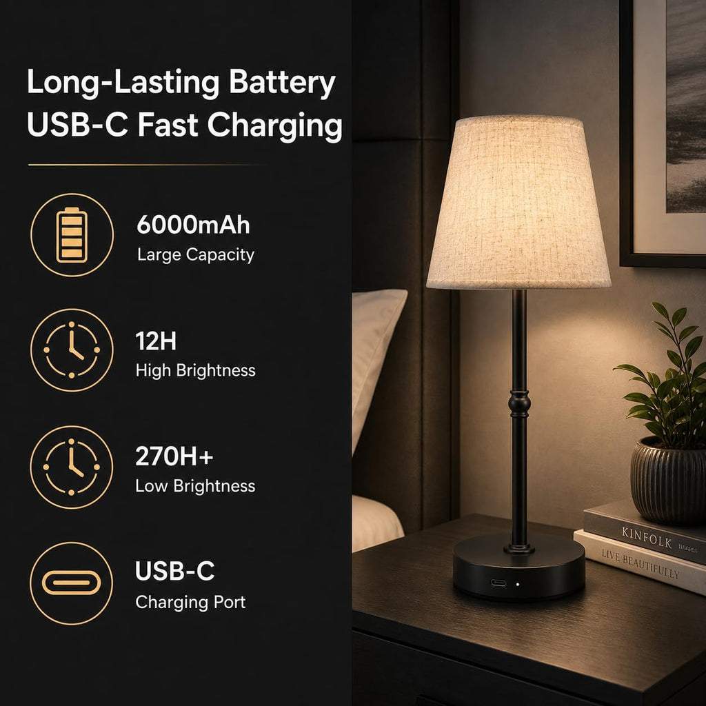 Cordless LED Table Lamp, 6000mAh Rechargeable Battery Operated Desk Lamp, 3-Level Dimming Metal Portable Nightlight for Restaurant…