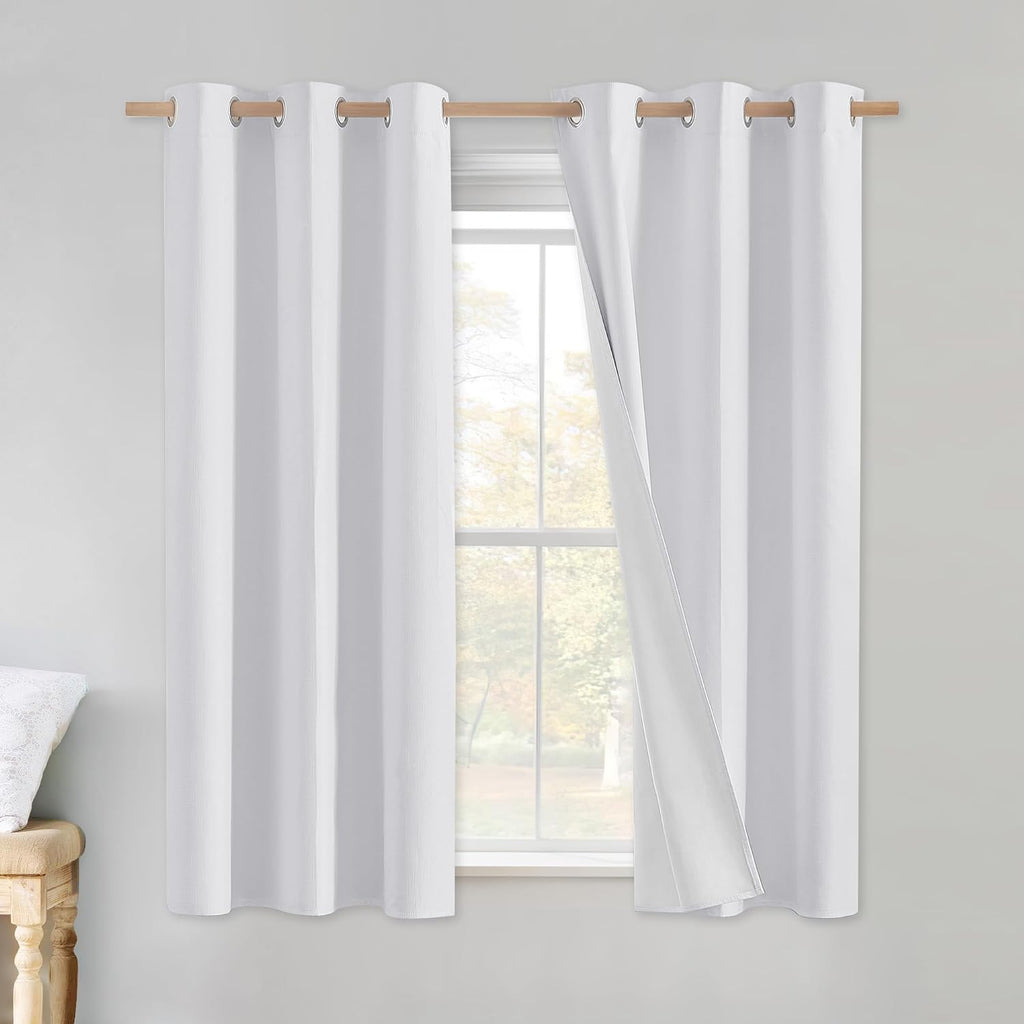 NICETOWN 100% Absolutely Blackout Linen Curtains with Thermal Insulated White Liner, White, 34 inches Wide, 60 inches Length Energy…