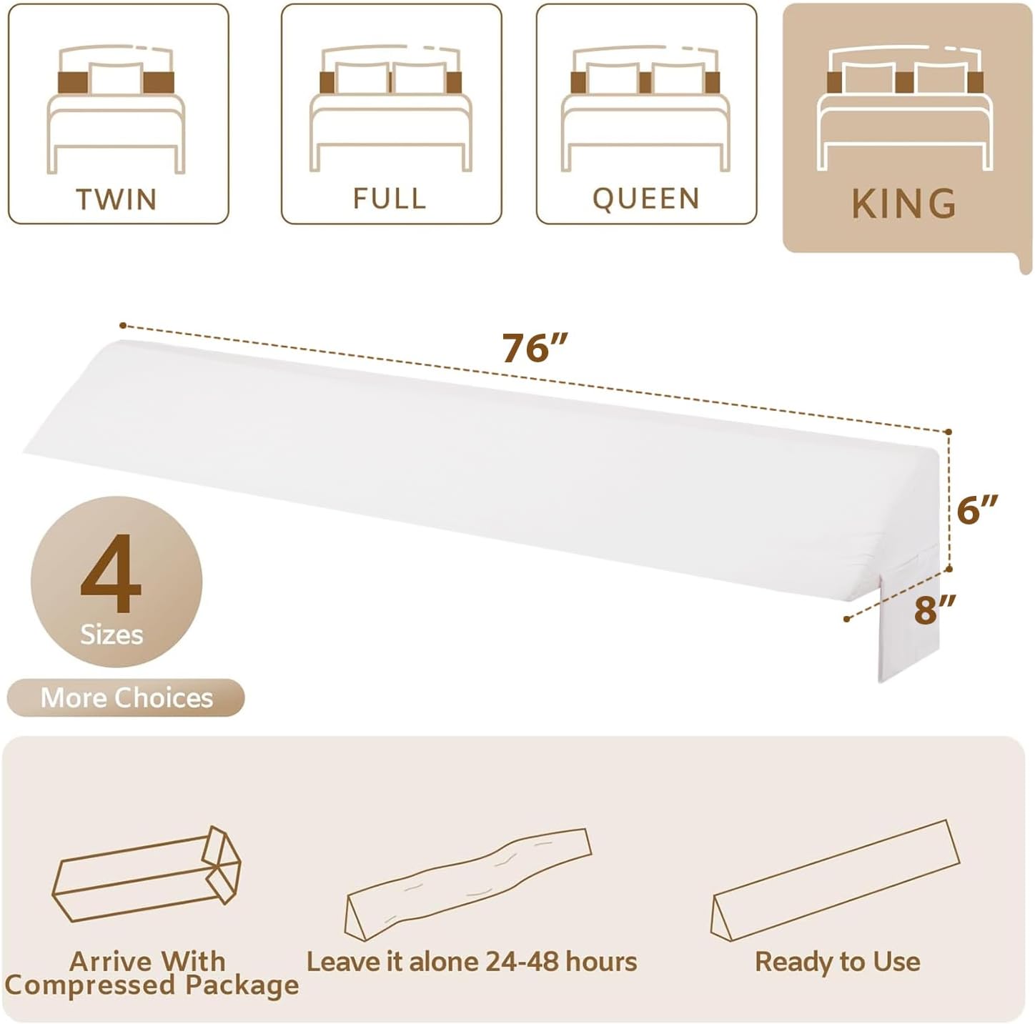 Bedluxe King Wedge Pillow Headboard, Bed Wedge Pillow for Headboard, Bed Gap Filler King - Fill The Gap (0-4.5") (White, 76"x8"x6")