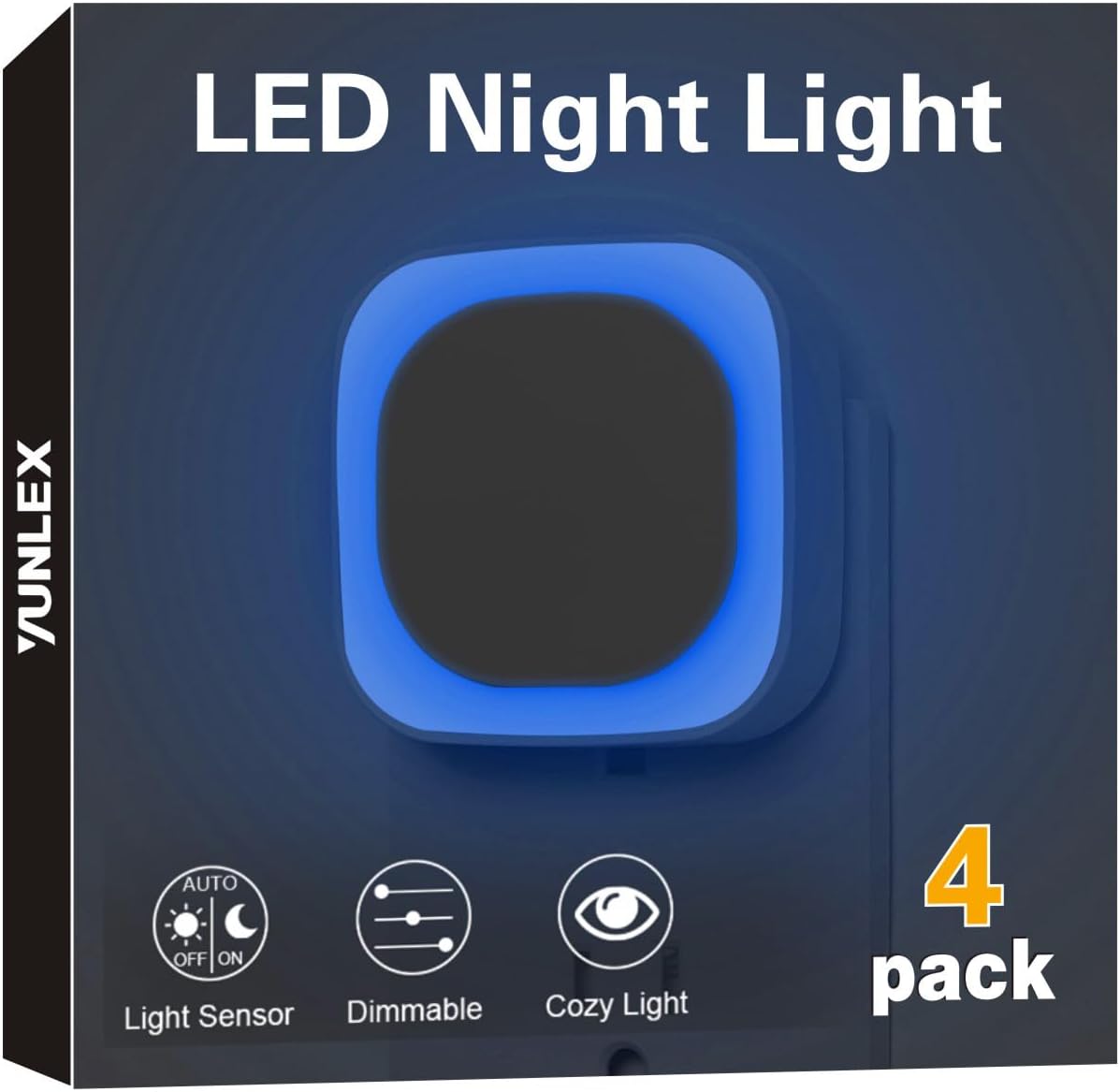 YUNLEX 4 Pack Azure Night Light, Crisp Modern Glow with Dimmable Soft Light & Indirect Reflection, Auto Dusk to Dawn Sensor, Plug in LED…