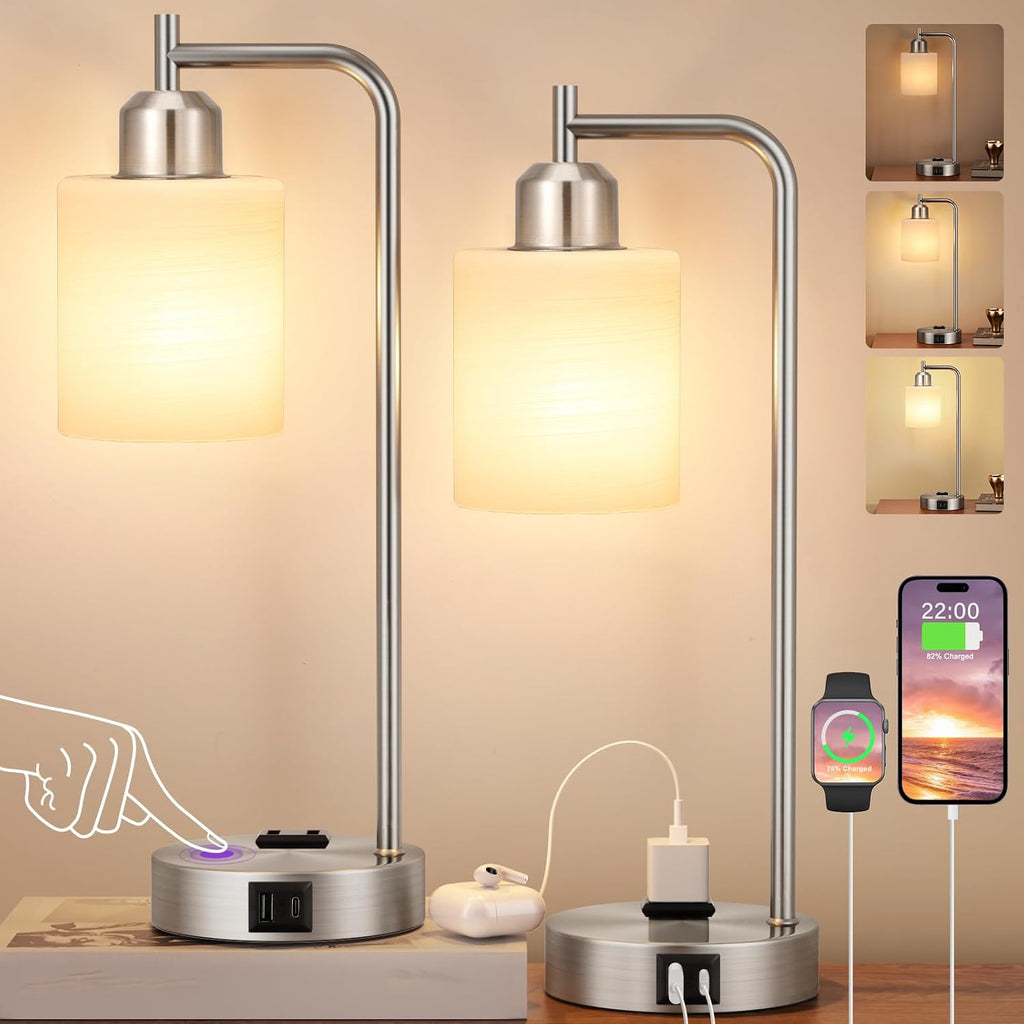 Innqoo Industrial Nickel Table Lamps for Bedrooms Set of 2-3-Way Dimmable Desk Lamp with USB C+A Ports and Outlet, Sliver Lamps with…