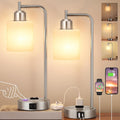 Innqoo Industrial Nickel Table Lamps for Bedrooms Set of 2-3-Way Dimmable Desk Lamp with USB C+A Ports and Outlet, Sliver Lamps with…