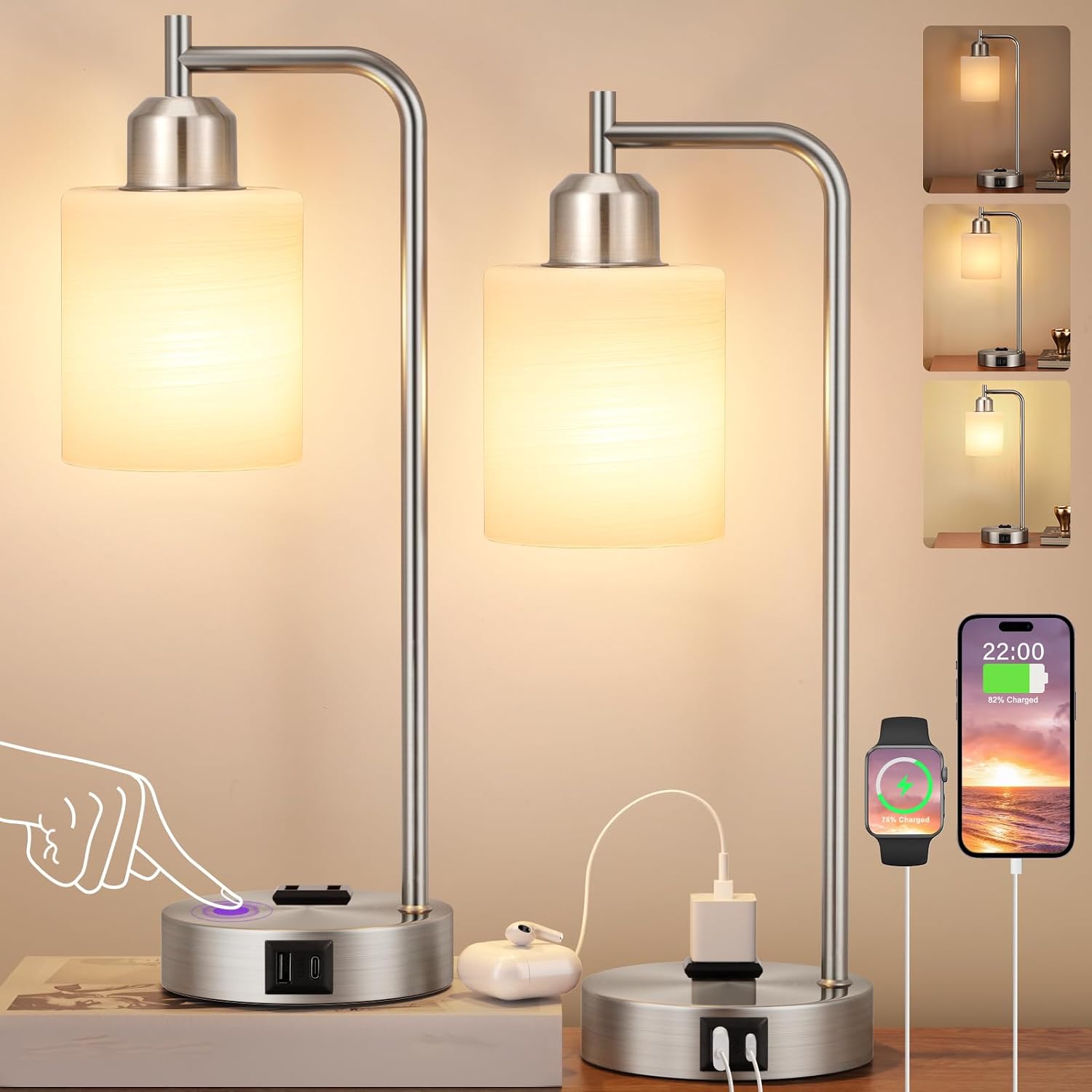 Innqoo Industrial Nickel Table Lamps for Bedrooms Set of 2-3-Way Dimmable Desk Lamp with USB C+A Ports and Outlet, Sliver Lamps with…
