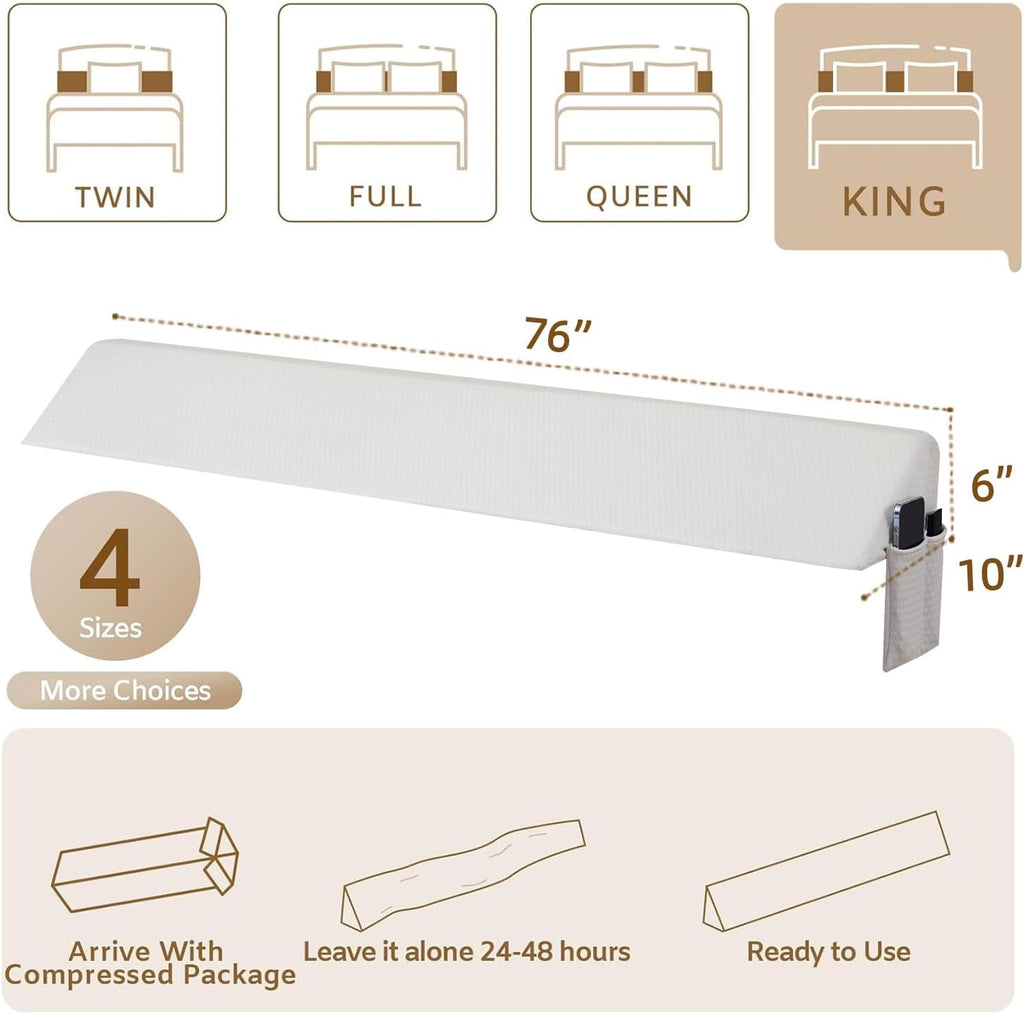 Bedluxe King Wedge Pillow Headboard, Bed Wedge Pillow for Headboard, Bed Gap Filler King - Fill The Gap (0-7")(Air-Layer White, 76"x10"x6")