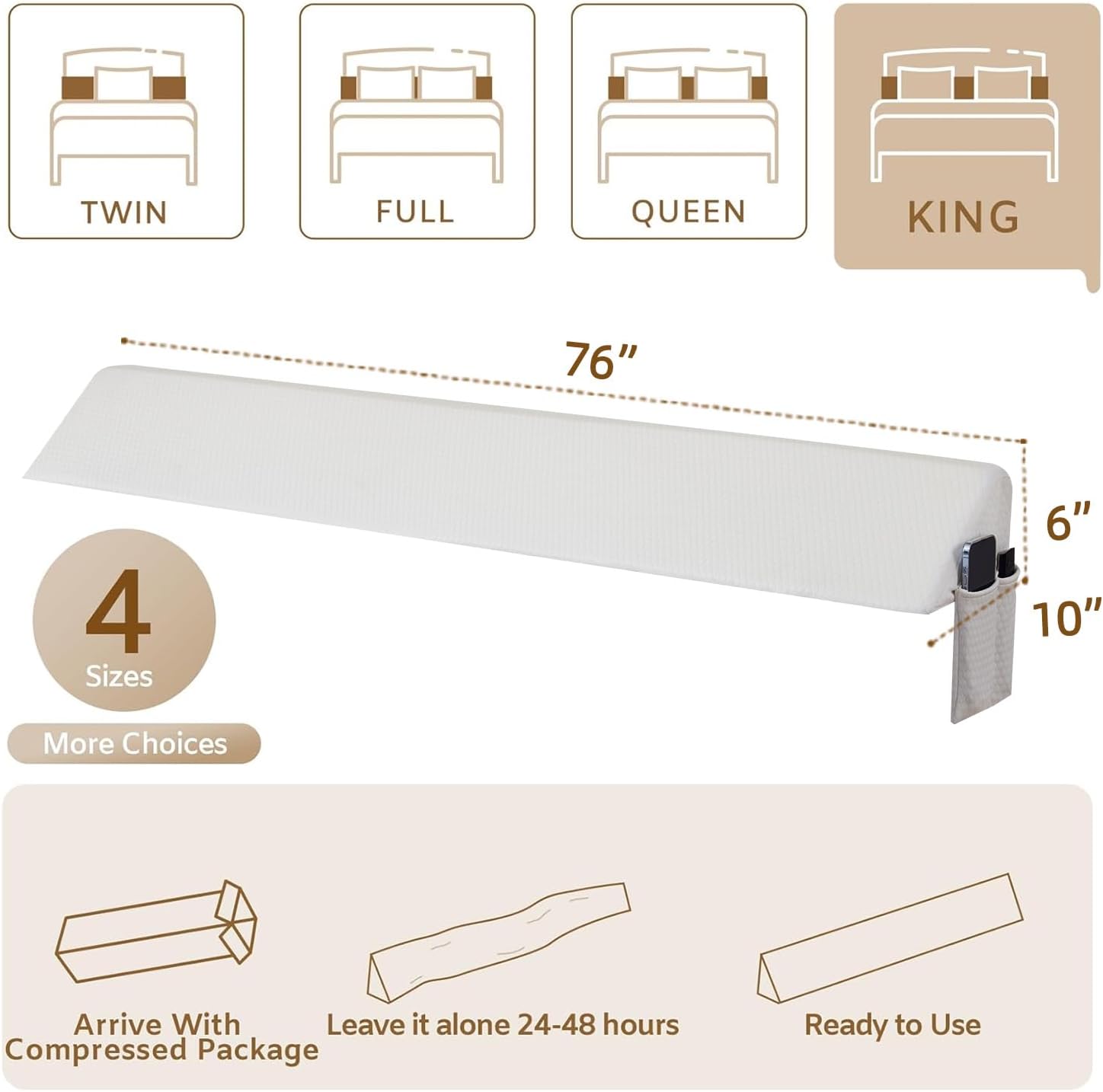 Bedluxe King Wedge Pillow Headboard, Bed Wedge Pillow for Headboard, Bed Gap Filler King - Fill The Gap (0-7")(Air-Layer White, 76"x10"x6")