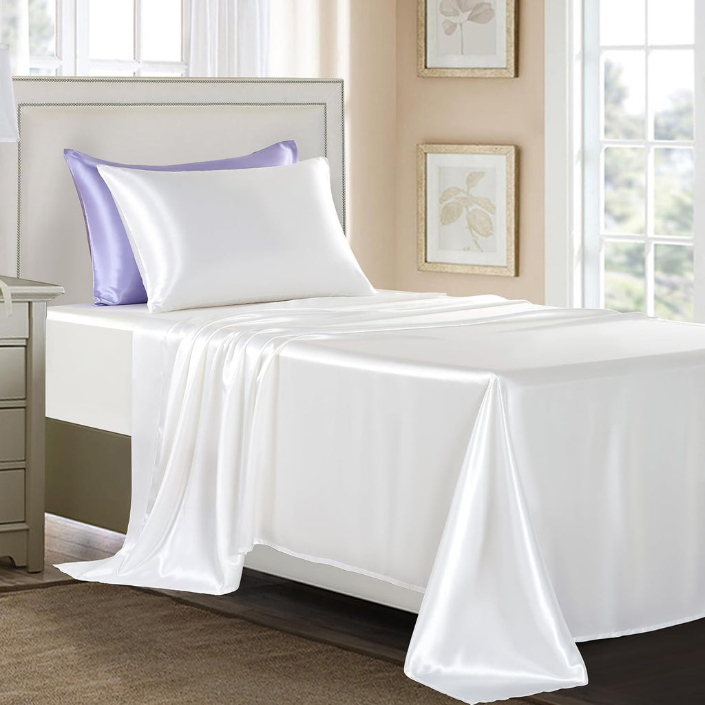 Golal Satin Sheets Twin Size - 3 Pieces Luxury Silky Soft Bed Sheets for Kids, Wrinkle-Free White Satin Silk Sheet Set with 1 Deep Pocket F…