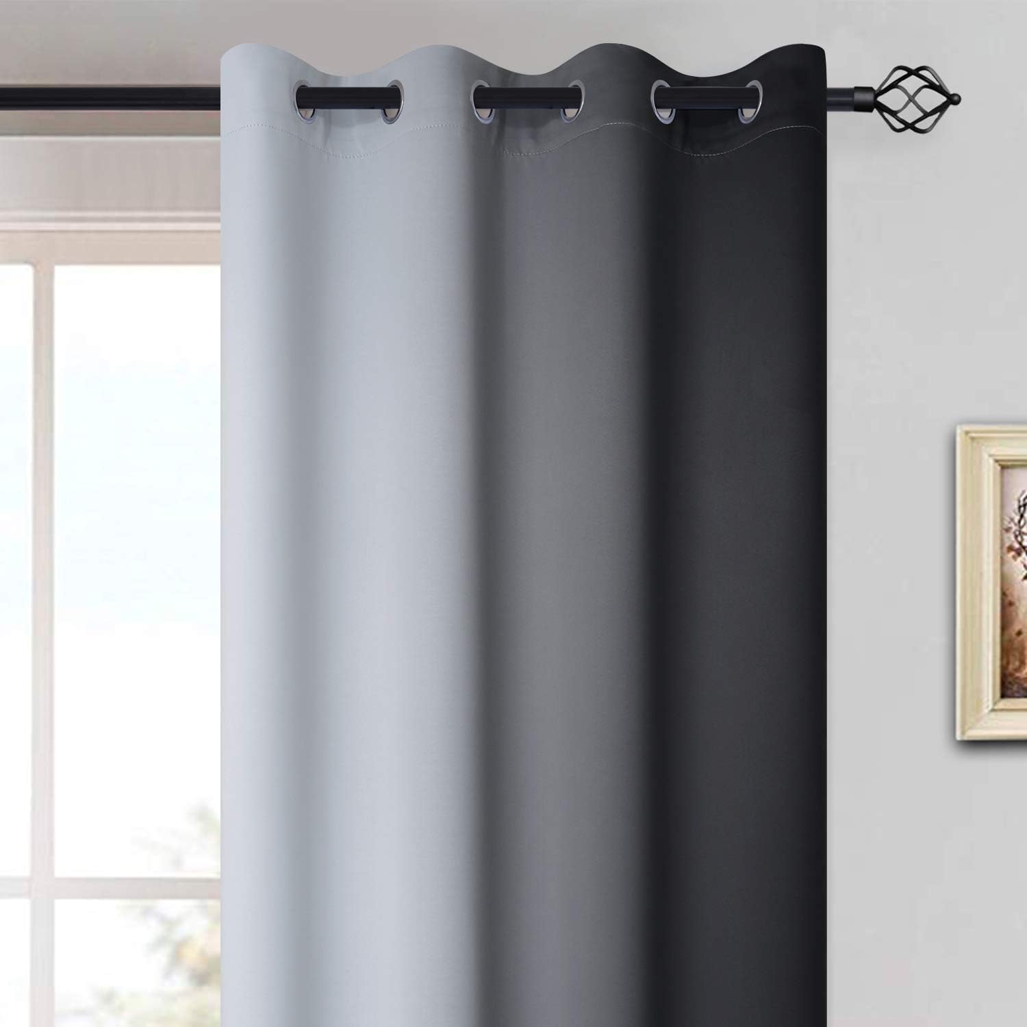 Yakamok Light Blocking Ombre Curtains, Greyish White and Black Gradient Color Curtains, Room Darkening Grommet Window Drapes for Bedroom(Bl…