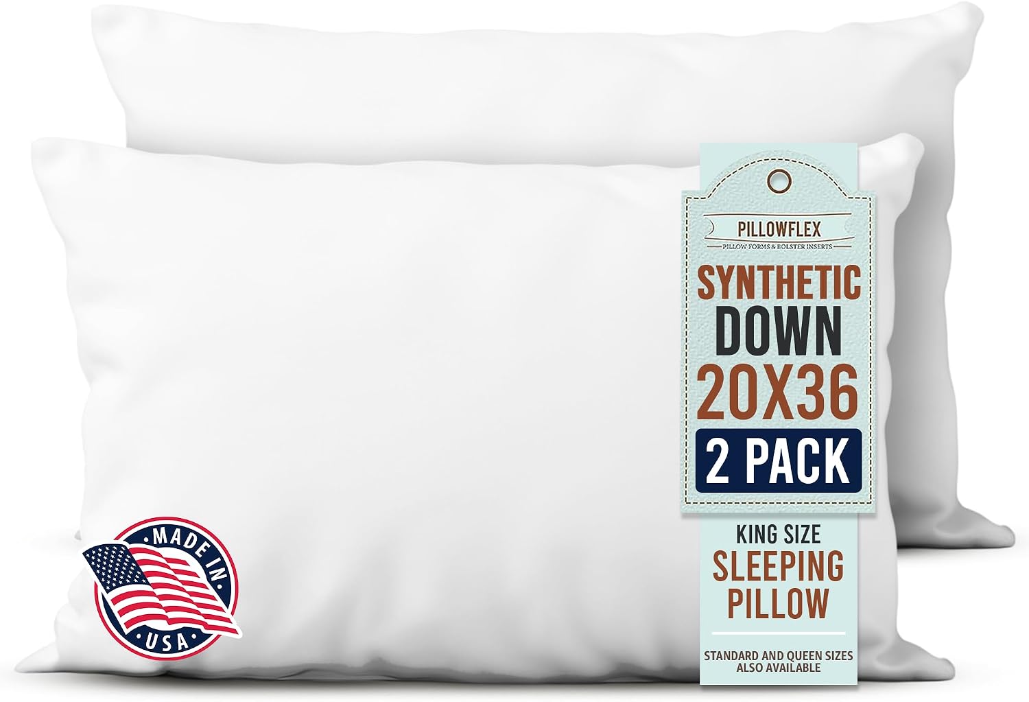 Pillowflex Synthetic Down Sleeping Pillows - King Size - Medium Firmness for Back, Side & Stomach Sleepers - Ideal for King, & California K…