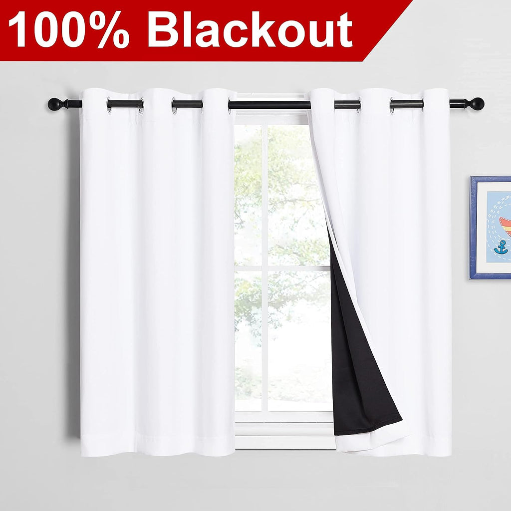 Nicetown White 100% Blackout Curtains 45 inches Long, 2 Thick Layers Completely Blackout Window Treatment Thermal Insulated Lined Drapes fo…