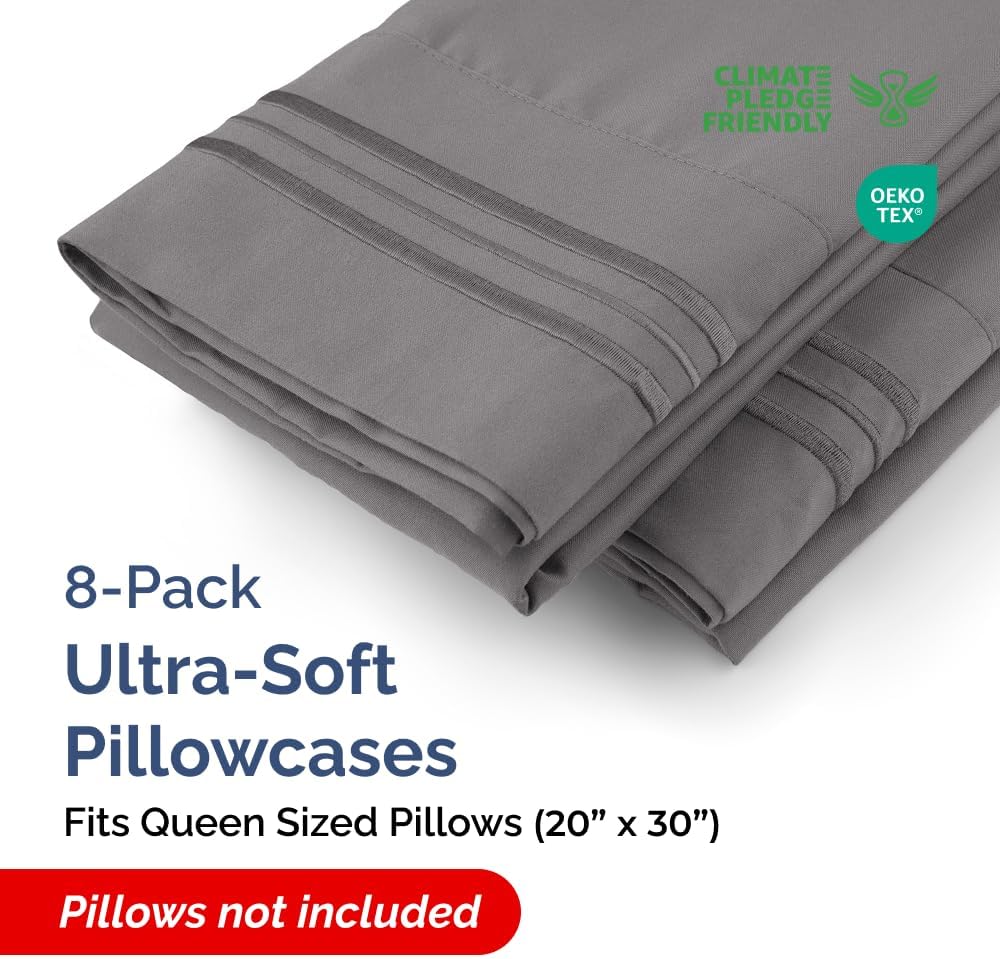 Queen Pillow Cases Set of 8 - Ultra Soft Hotel Quality Pillowcase Covers - Comfy, Cozy & Wrinkle Free - Shrink, Stain and Fade Resistant…