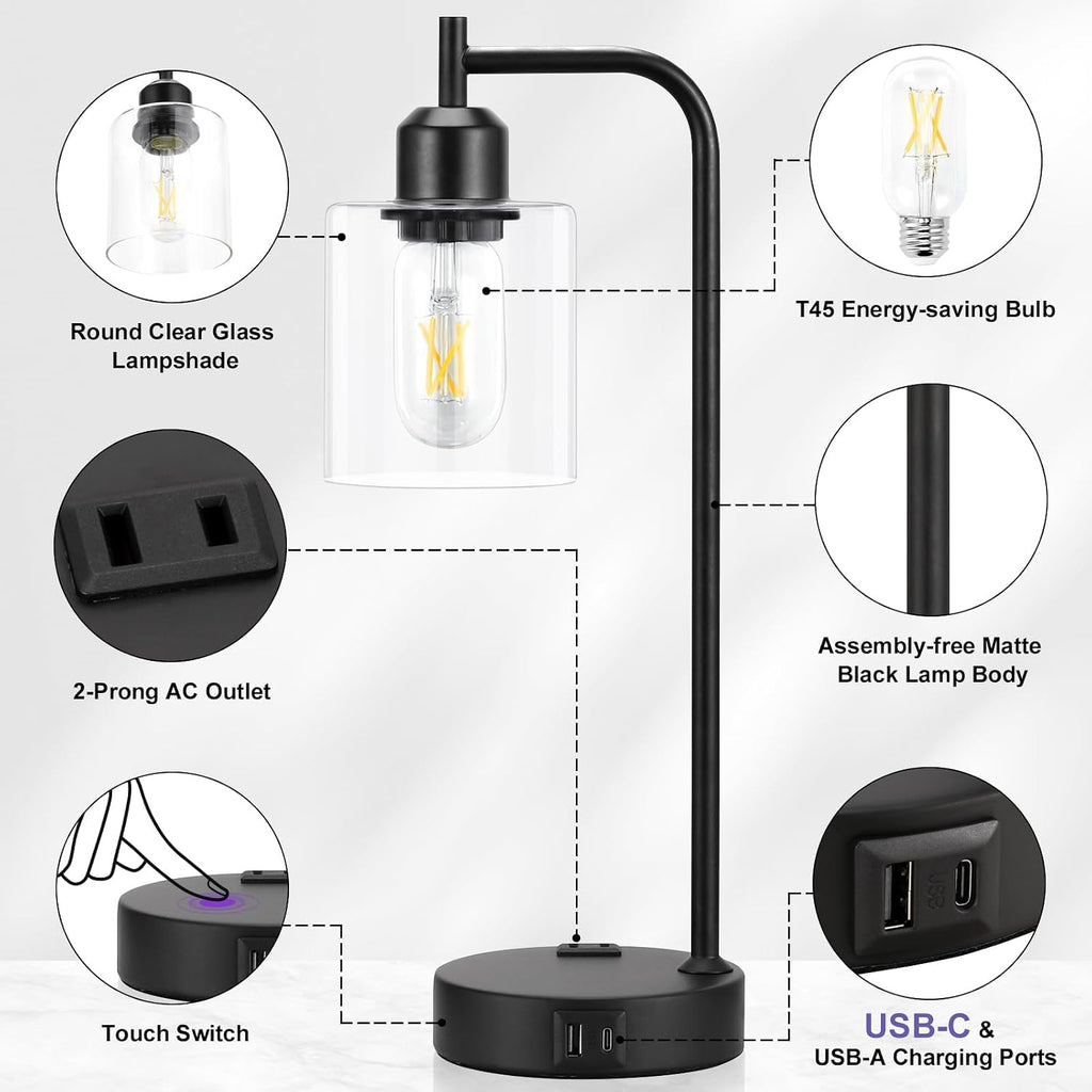 Industrial Touch Table Lamps for Bedrooms Set of 2 - 3-Way Dimmable Nightstand Lamps with USB C+A Ports and Outlet, Black Bedside Lamps…