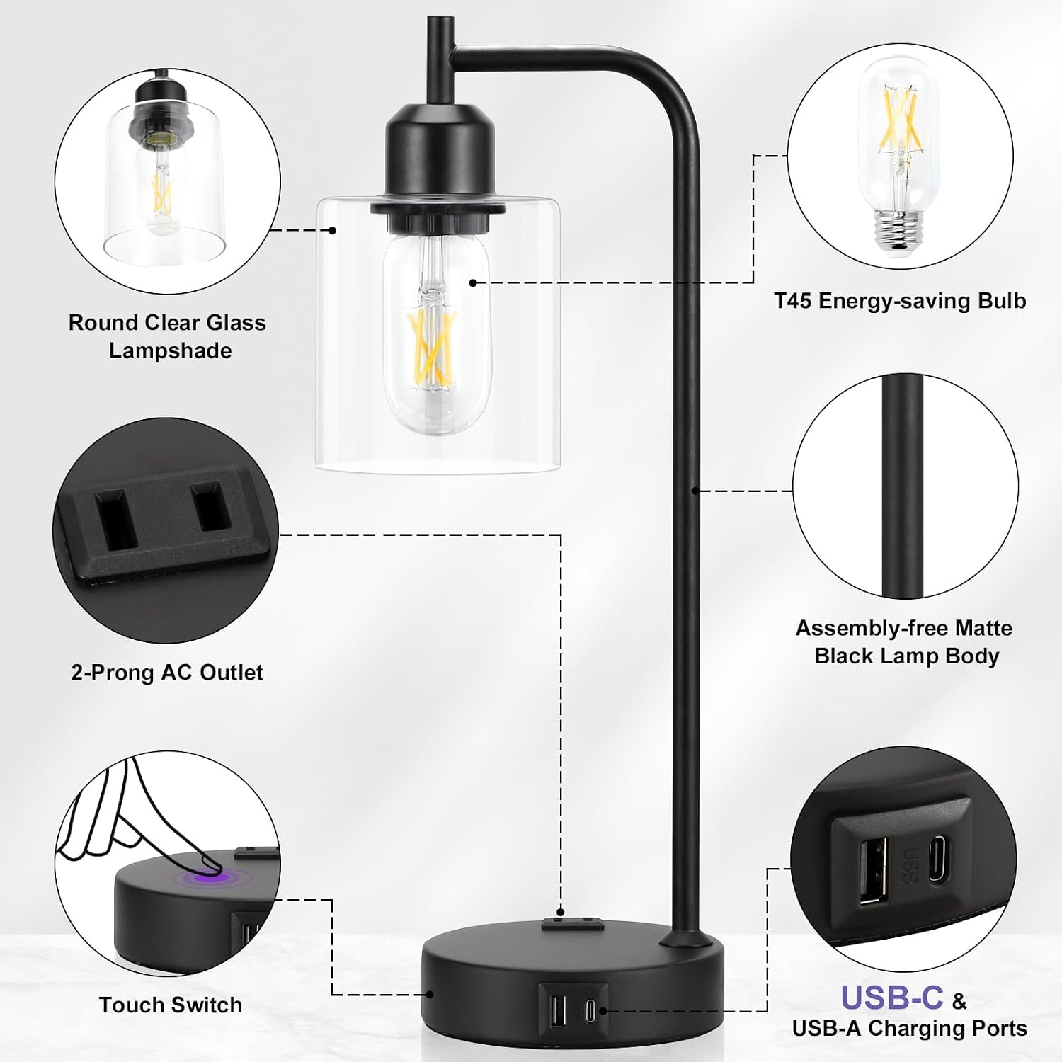 Industrial Touch Table Lamps for Bedrooms Set of 2 - 3-Way Dimmable Nightstand Lamps with USB C+A Ports and Outlet, Black Bedside Lamps…