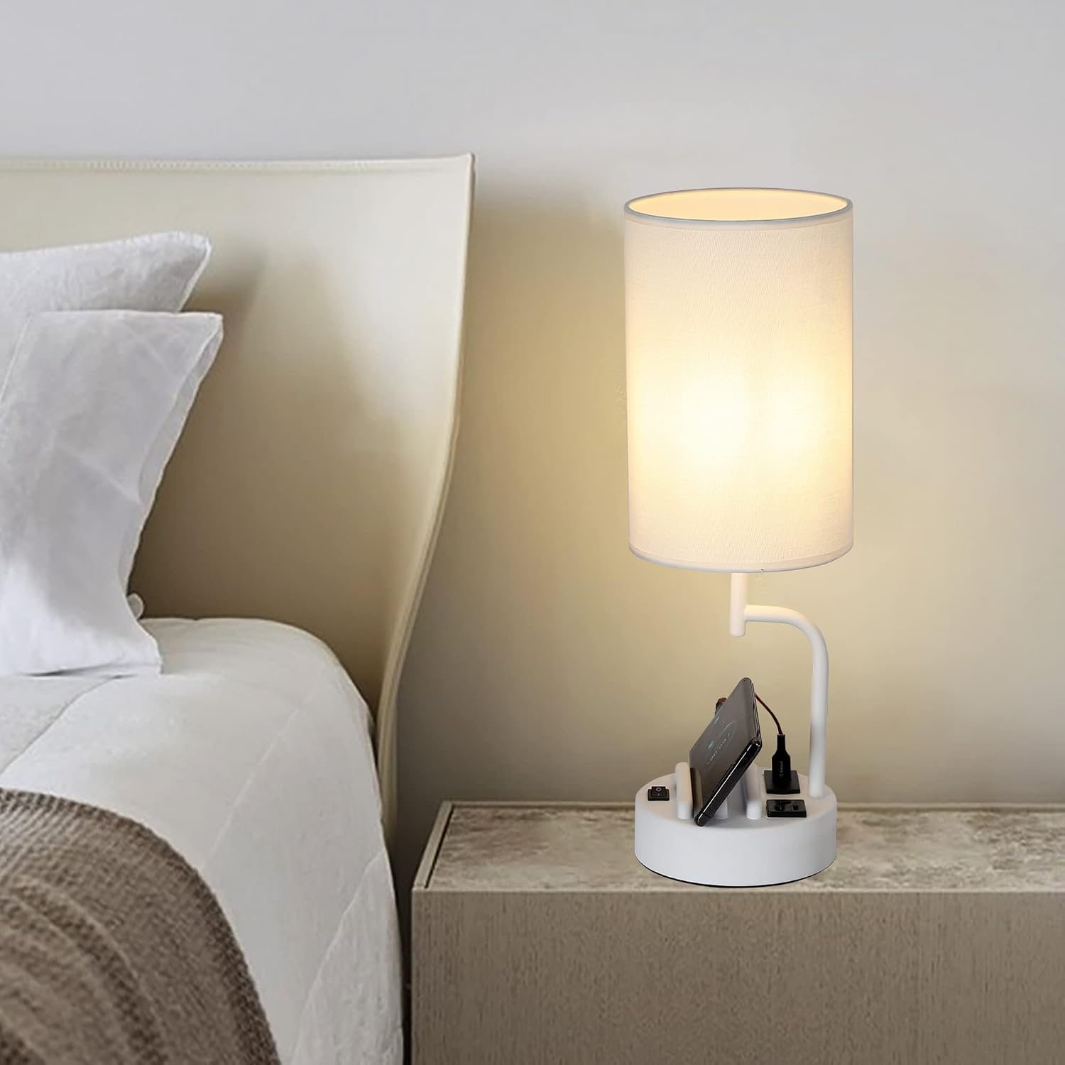 Dreamholder Table Lamp with 3 USB Charging Ports, Modern Desk Lamp with AC Outlet and Phone Stands, Perfect Bedside Lamp for Bedroom…