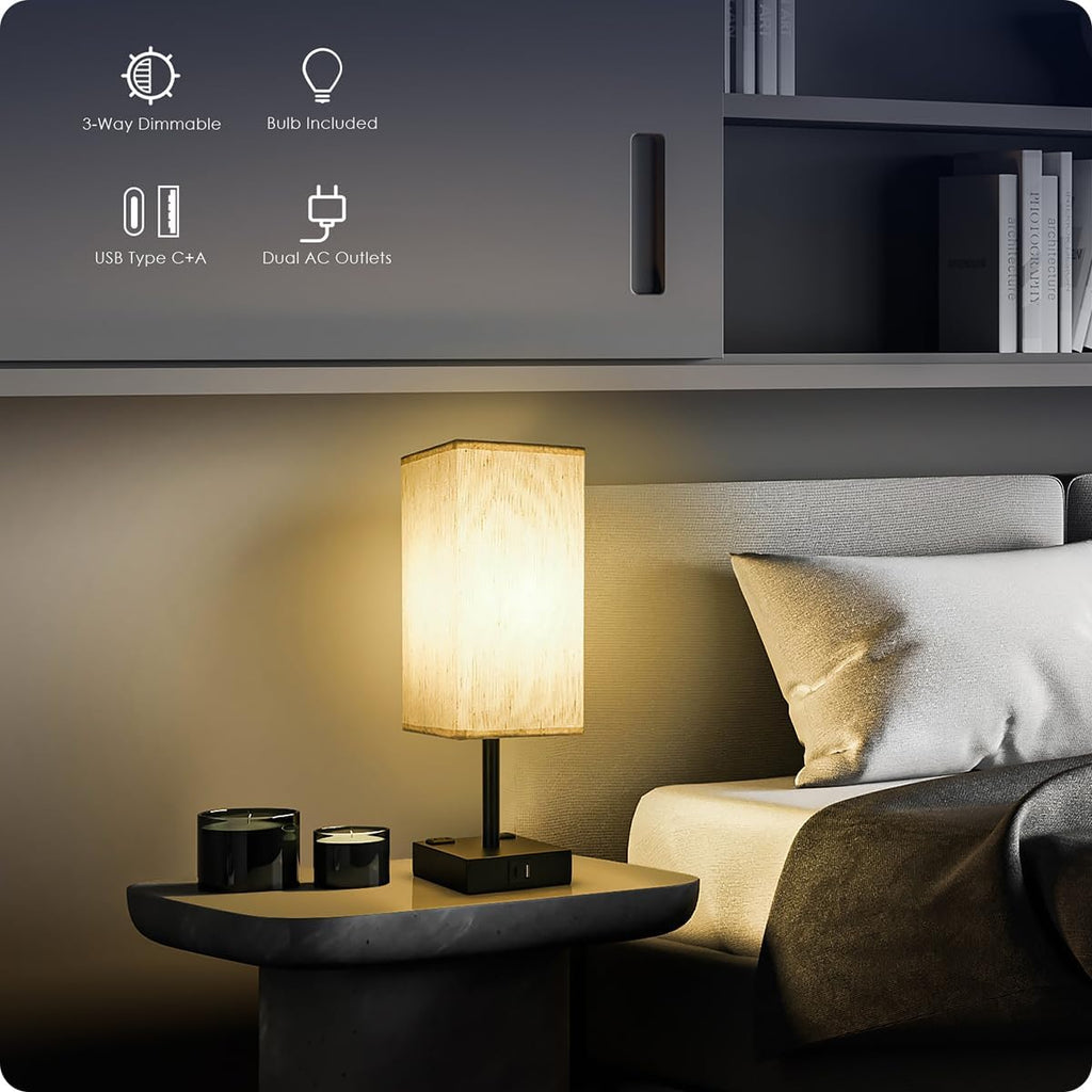 Bedside Table Lamp for Bedroom - Touch Small Lamp with USB C+A Charging Ports & AC Outlets, 3 Way Dimmable Nightstand Light for Living…