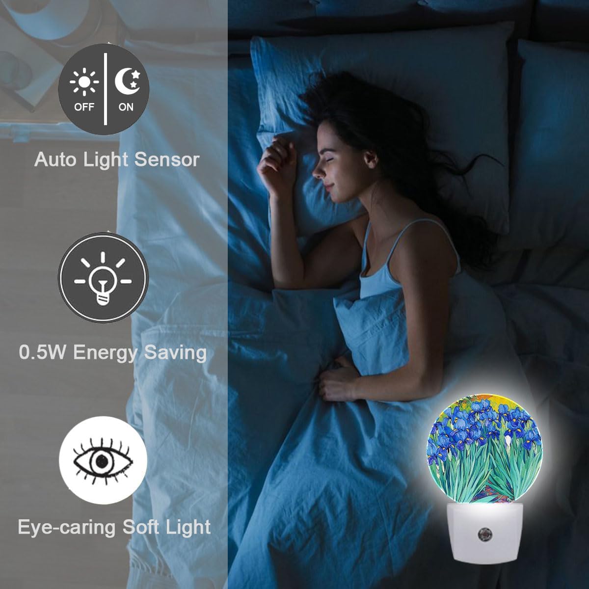 Blue Flower Oil Painting Night Light Plug Into Wall Auto Led Sleep Round Lamp for Living Room Hallway Stairs