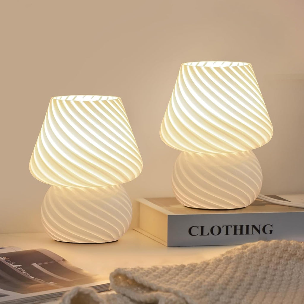 ONEWISH Mushroom Lamps Set of 2 - Small Bedside Table Lamp with Striped Glass, Nightstand Lamp for Bedroom, Living Room, Bulb…