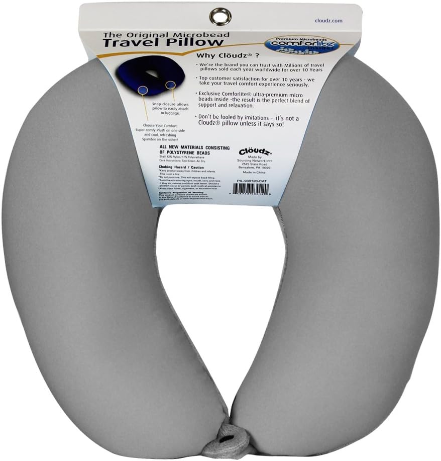 Cloudz Dual Comfort Microbead Airplane Travel Neck Pillow. Super Soft Cozy Plush Fabric on One Side, Cool Relaxing Spandex on The Other!…
