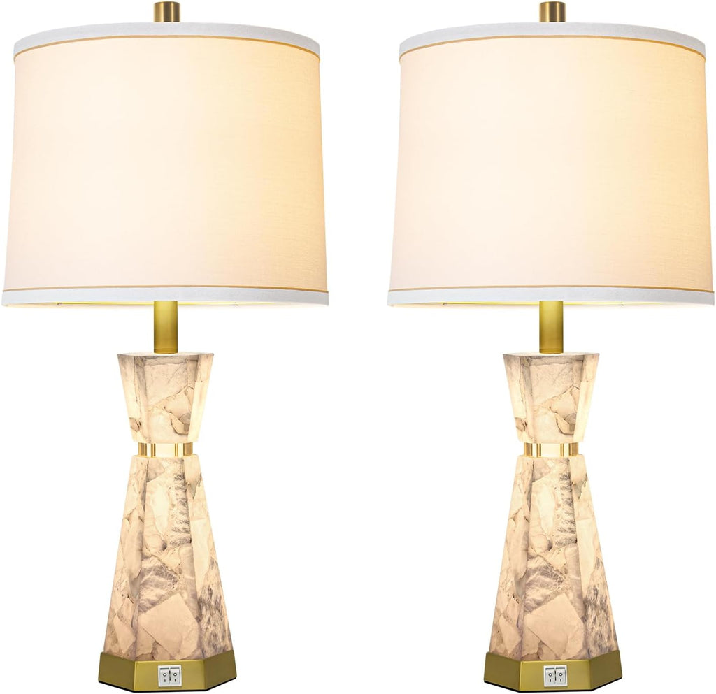 Natural Alabaster Table Lamp, Living Room Lamps Set of 2, Nightstand Lamp with Night Light, Lamps for Living Room With Linen Fabric…