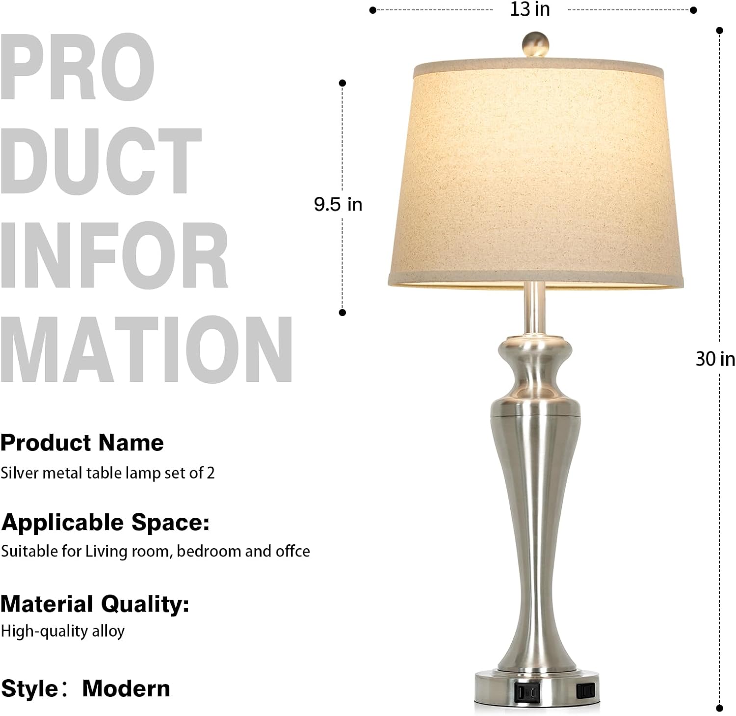Ruzectt 30" Table Lamp, 3-Way Dimmable Touch Bedside Lamp with USB A+C Ports and AC Outlet, Tall Living Room Lamps for Side Table, Modern…