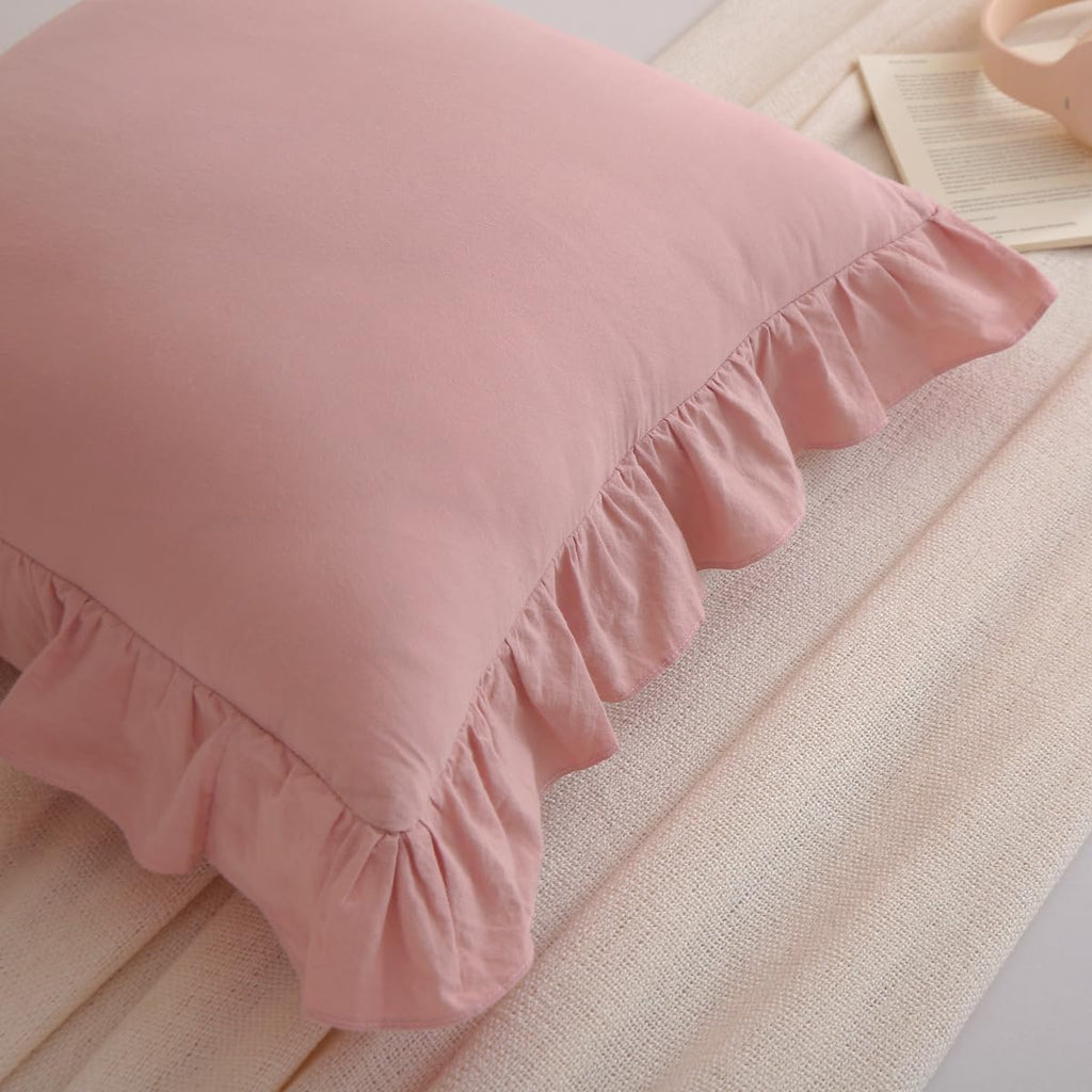 Silnuo 2 Pack Dusty Pink Ruffled Throw Pillow Covers Washed Cotton Farmhouse Decorative Pillowcases Bed Pillow Shams 20"x20" 2 Pack Cotton…