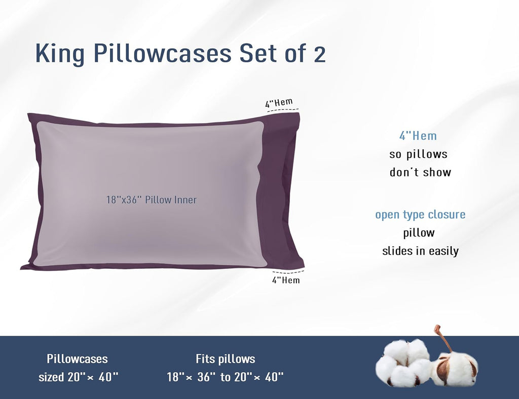 Homtec Pillow Cases, King Size Cotton Percale Weave Pillowcases, Pre-Shrunk Breathable and Hypoallergenic Pillowcases, Set of 2 (2 Piece Ki…