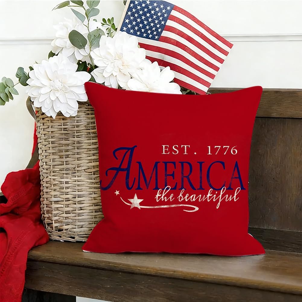 Rabusofa 4th of July Patriotic Signs Throw Pillow Covers 18x18 Inch, Red White and Blue Memorial Day Independence Day Fourth of July Outdoor…