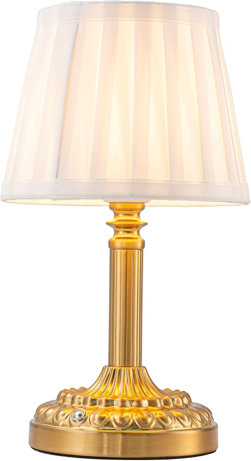 3 Way Dimmable Touch Control Cordless Table Lamp with Pleated Fabric Shade Glam Rechargeable Bedside Nightstand Lamp Small LED Desk Lamp…