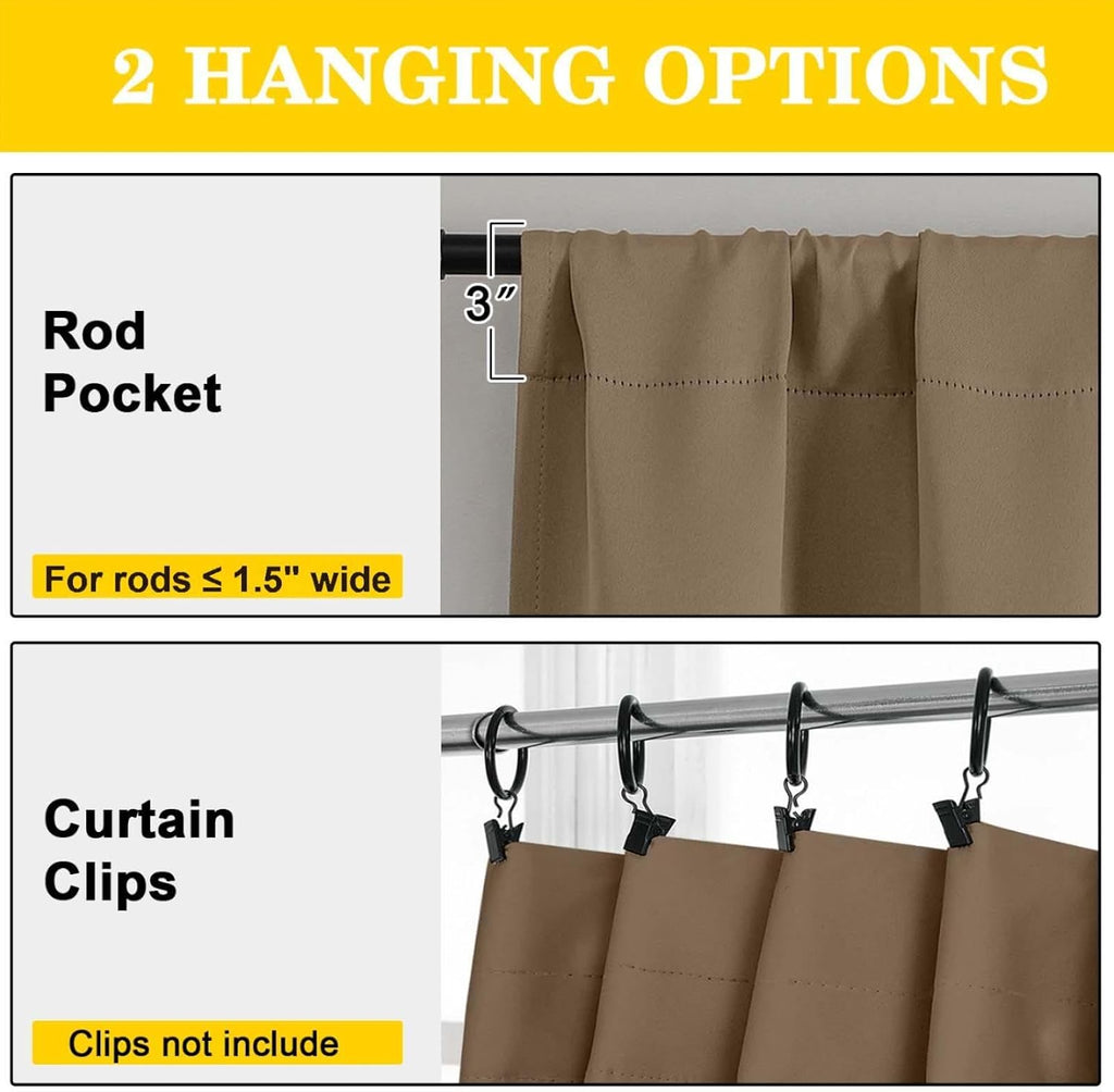 WelvetBLK Brown Room Darkening Curtains for Bedroom Living Room 45 Inch Length 2 Panels Set, Soft Solid Thermal Insulated Rod Pocket Short…