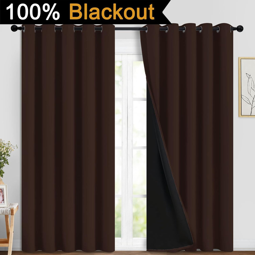 Yakamok 100% Blackout Curtains for Bedroom, 2 Thick Layers Thermal Insulated Grommet Total Blackout Drapes with Black Liner for Living Room…