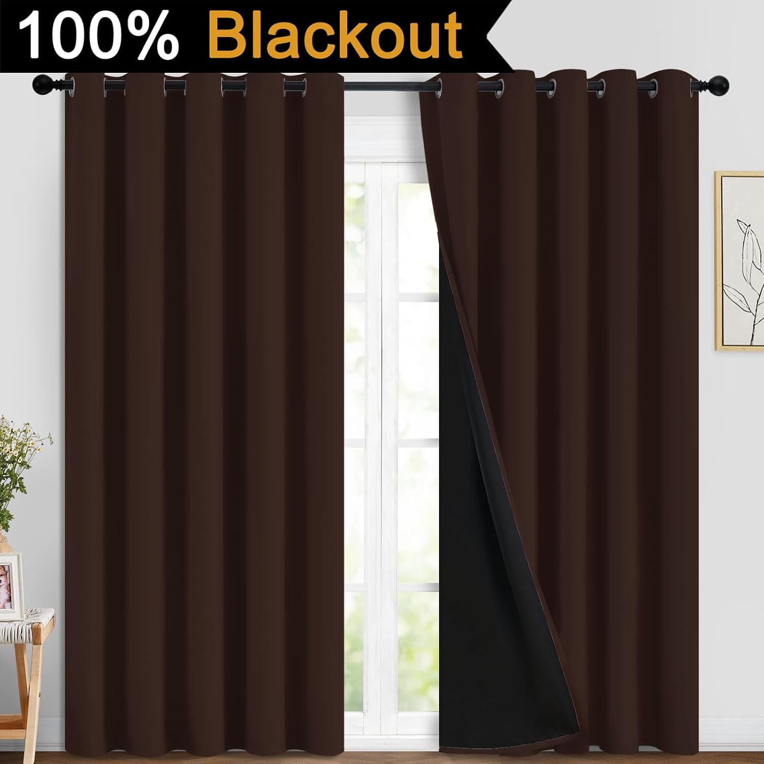 Yakamok 100% Blackout Curtains for Bedroom, 2 Thick Layers Thermal Insulated Grommet Total Blackout Drapes with Black Liner for Living Room…