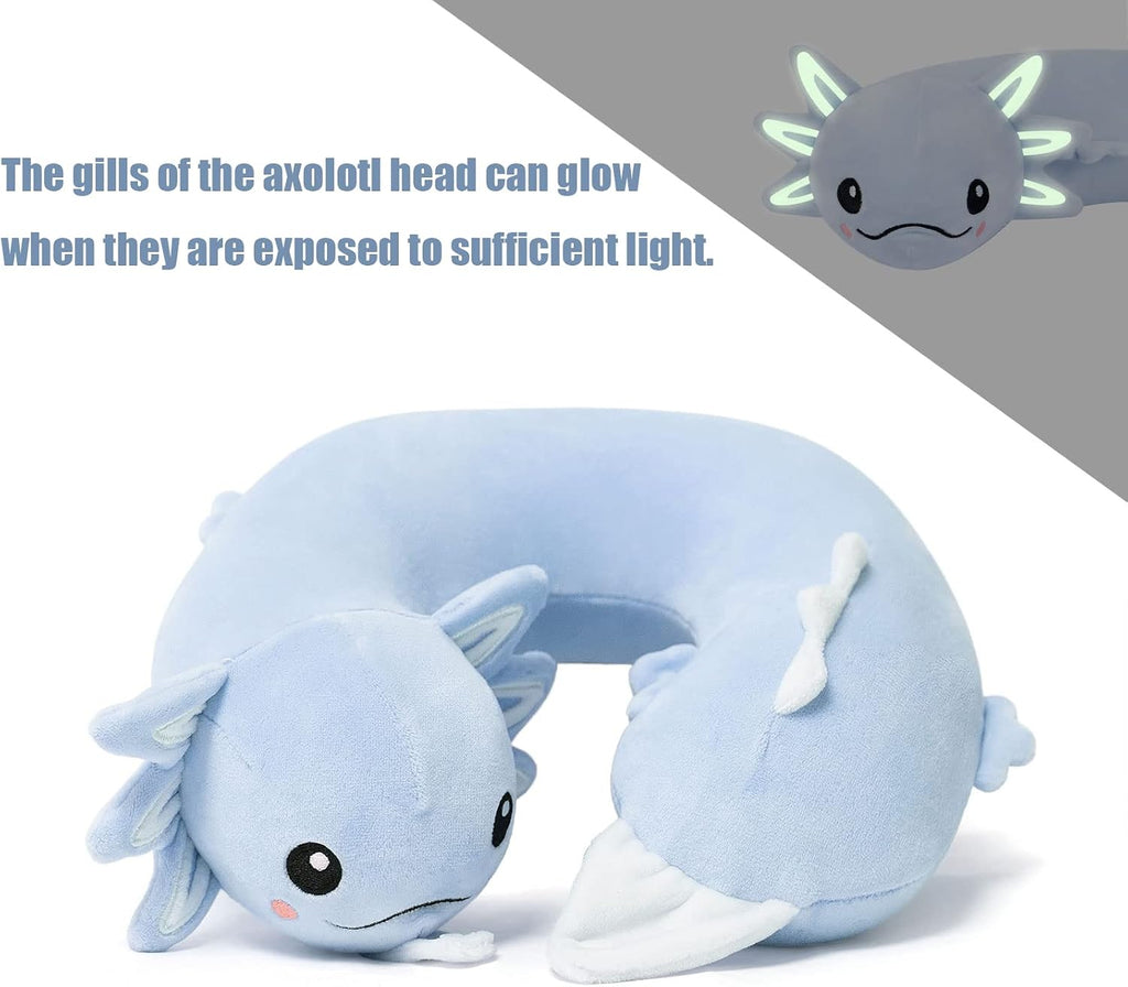NiuniuDaddy Niuniu Daddy Blue Axolotl Kids Travel Pillow Road Trip Essentials for 3-8 Y/O, Soft Memory Foam Kids Neck Pillow for Airplane C…