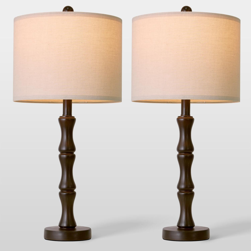 BOBOMOMO 25" Classic Table Lamps Set of 2, Farmhouse Nightstand Lamps with Dark Brown Resin Base & Linen Shade, Standard Table Lamps for…