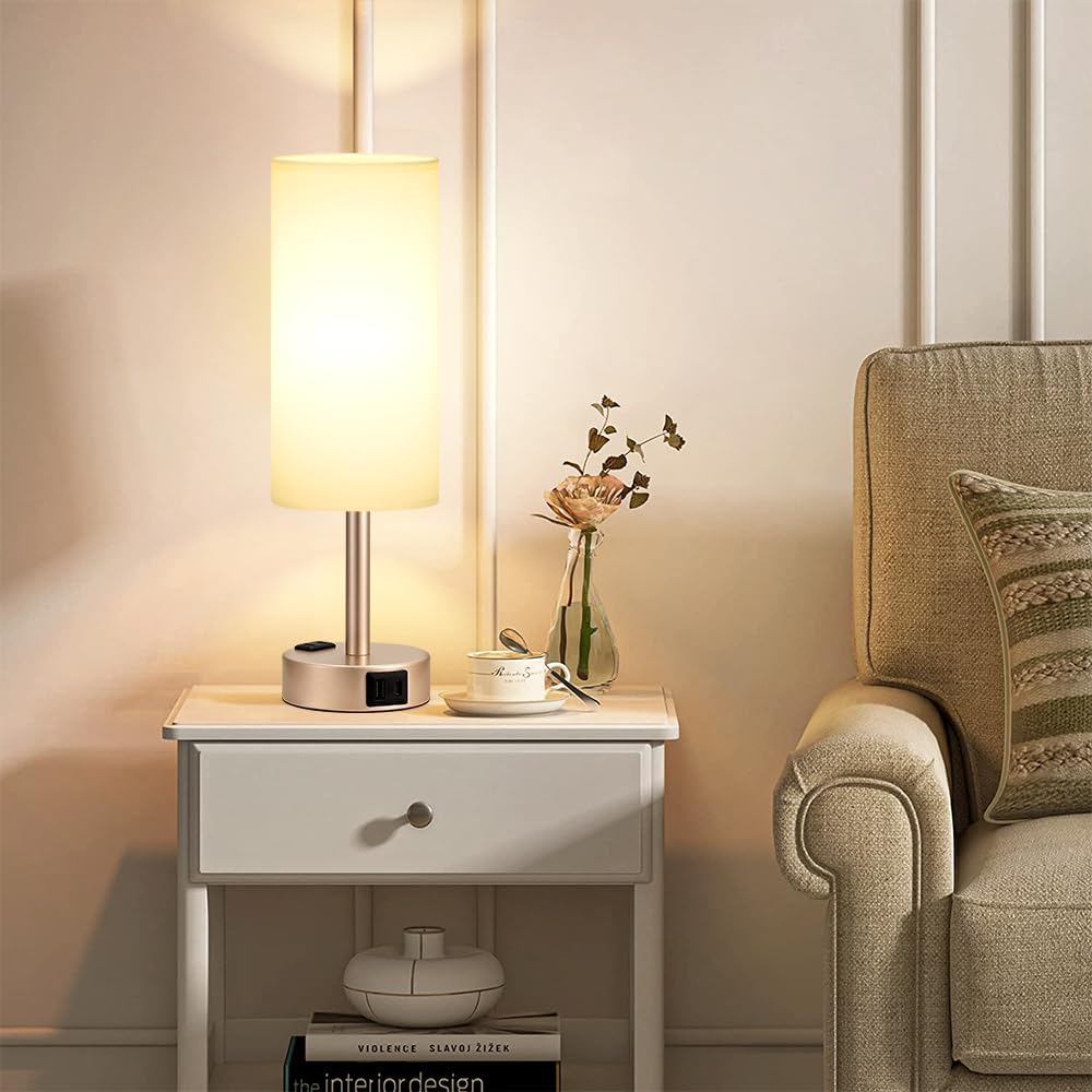 Antique White Bedside Table Lamp for Bedroom - 3 Way Dimmable Touch Lamp USB C Charging Ports and AC Outlet, Small Lamp Gold Base Round…