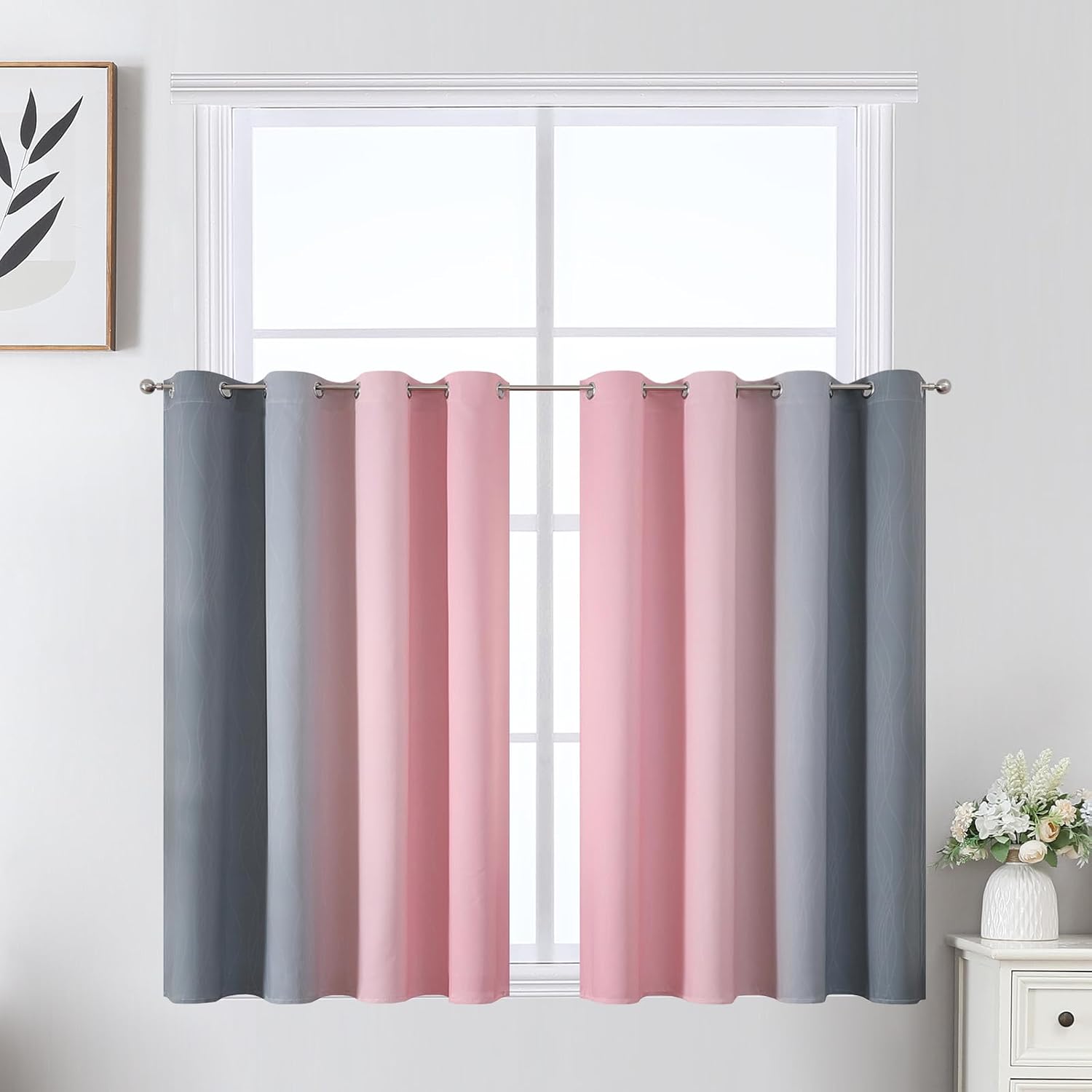 Estelartextiler Estelar Textiler Grey and Pink Ombre Short Blackout Curtains 36 Inch Long, Thermal Insulated Grommet Small Half Window Drap…