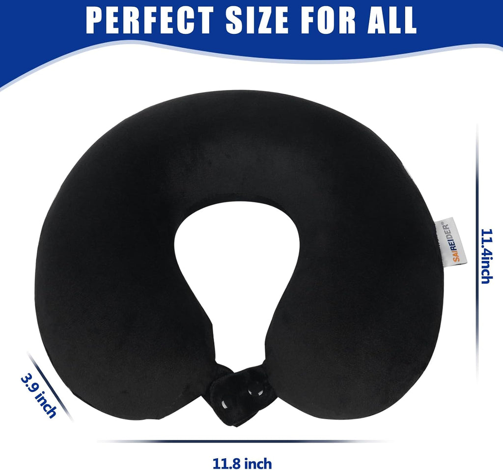 SAIREIDER Travel Pillow 100% Pure Memory Foam Travel Neck Pillow, Airplane Pillow for Traveling、Car、Home、Office, Washable Cover(Black)