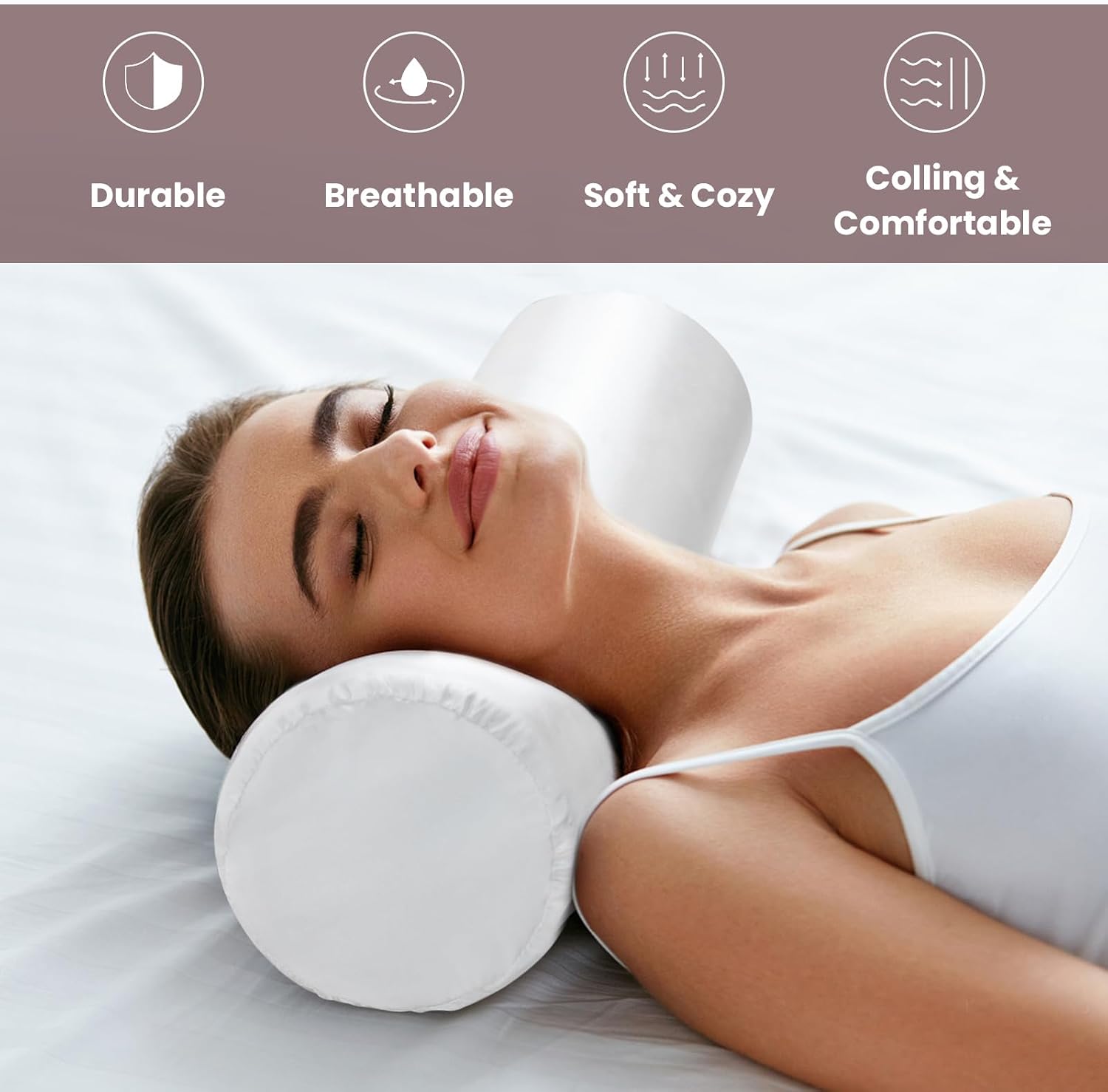 Noverlife 2 Pack 18x6 in White Silk Satin Neck Roll Pillow Cases, Neck Bolster Pillow Covers Round Neck Pillowcases for Hair & Skin…