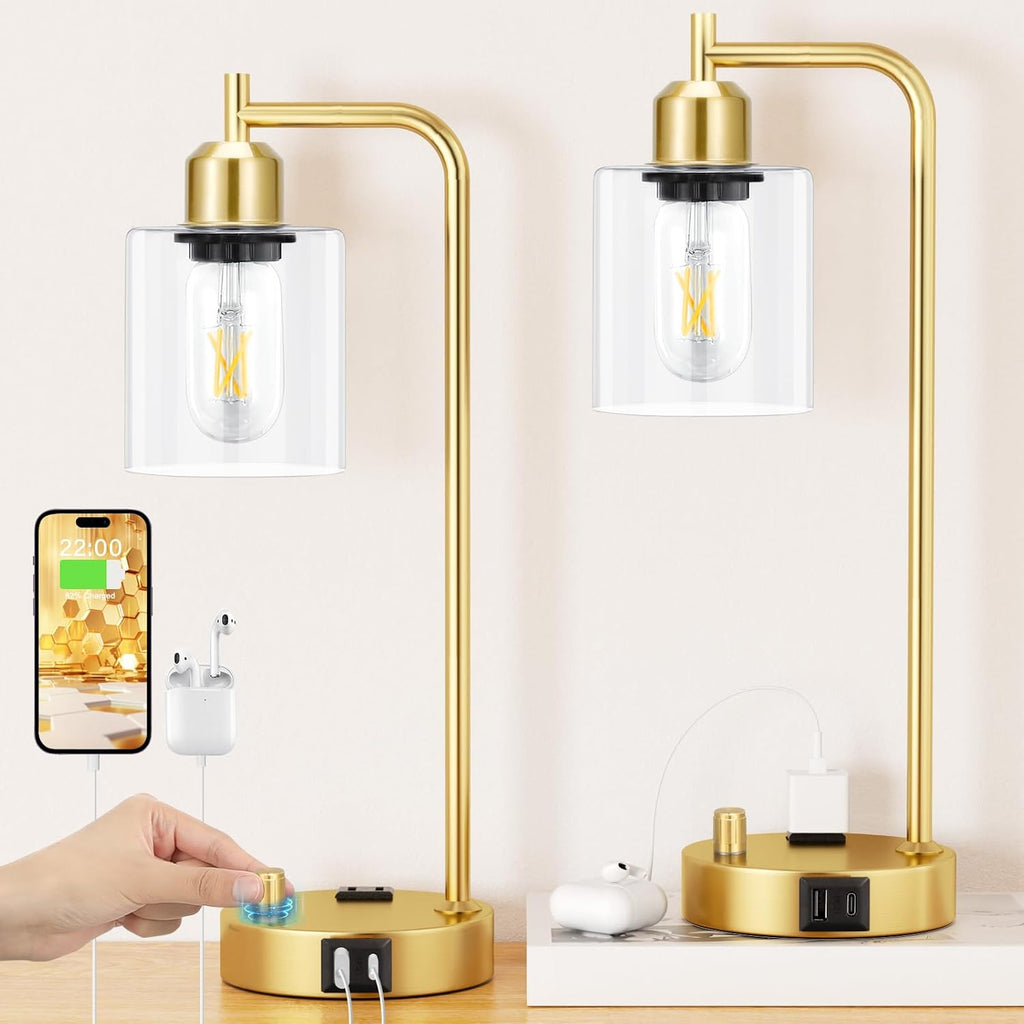 Innqoo Industrial Table Lamp for Bedroom Set of 2 - Fully Dimmable Bedside Lamps with USB Ports and Outlet, Gold Nightstand Lamps with…