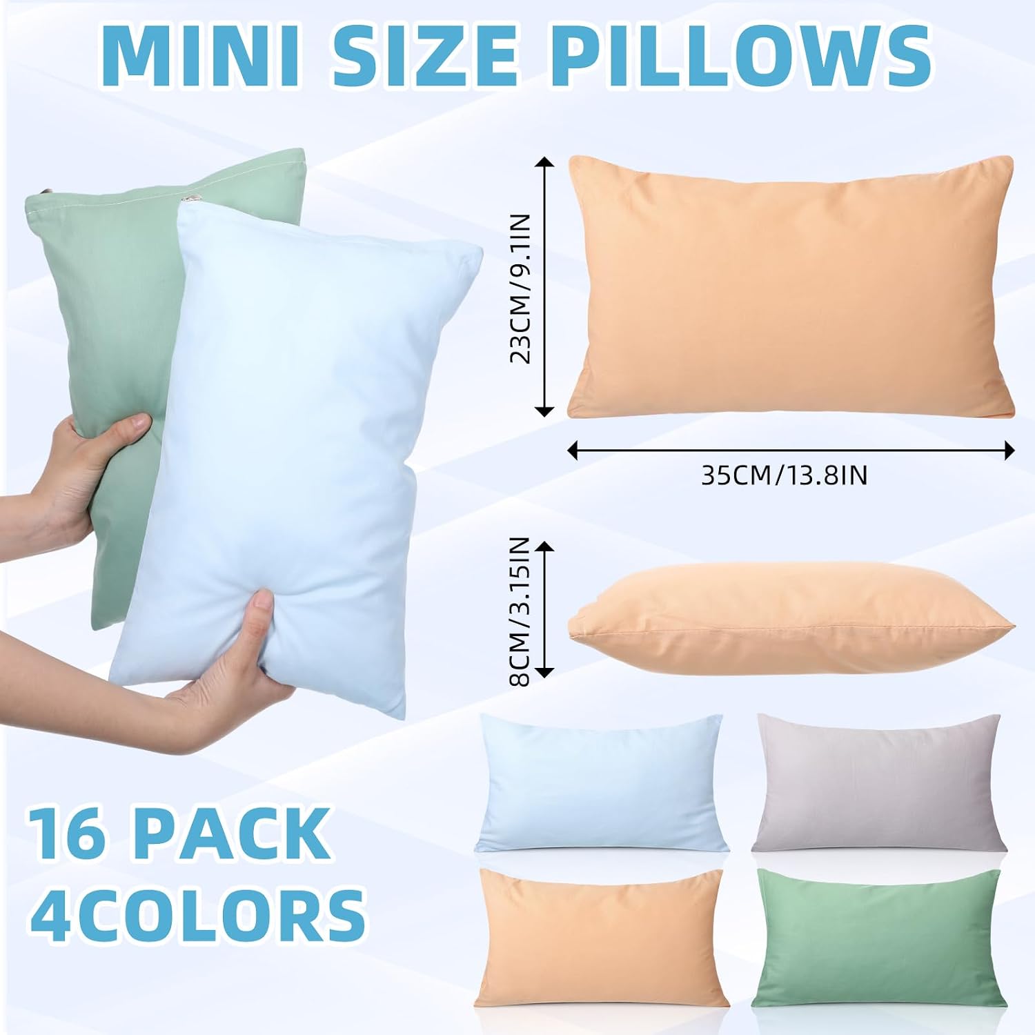 Kigley 16 Pcs Mini Pillow 14" x 9" Small Pillows for Sleeping Daycare Travel Nap Time Neck Lumbar (Classic Colors) 16 Pcs 3.15 inches blue