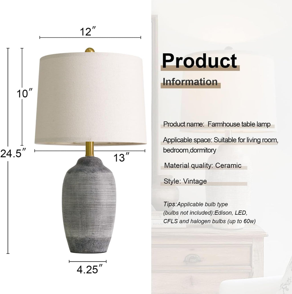USumkky 24.5" Vintage Ceramic Table Lamp with 5FT Cord, Single Farmhouse Rustic Bedside Lamp with Natural Textured Finish, Nightstand…