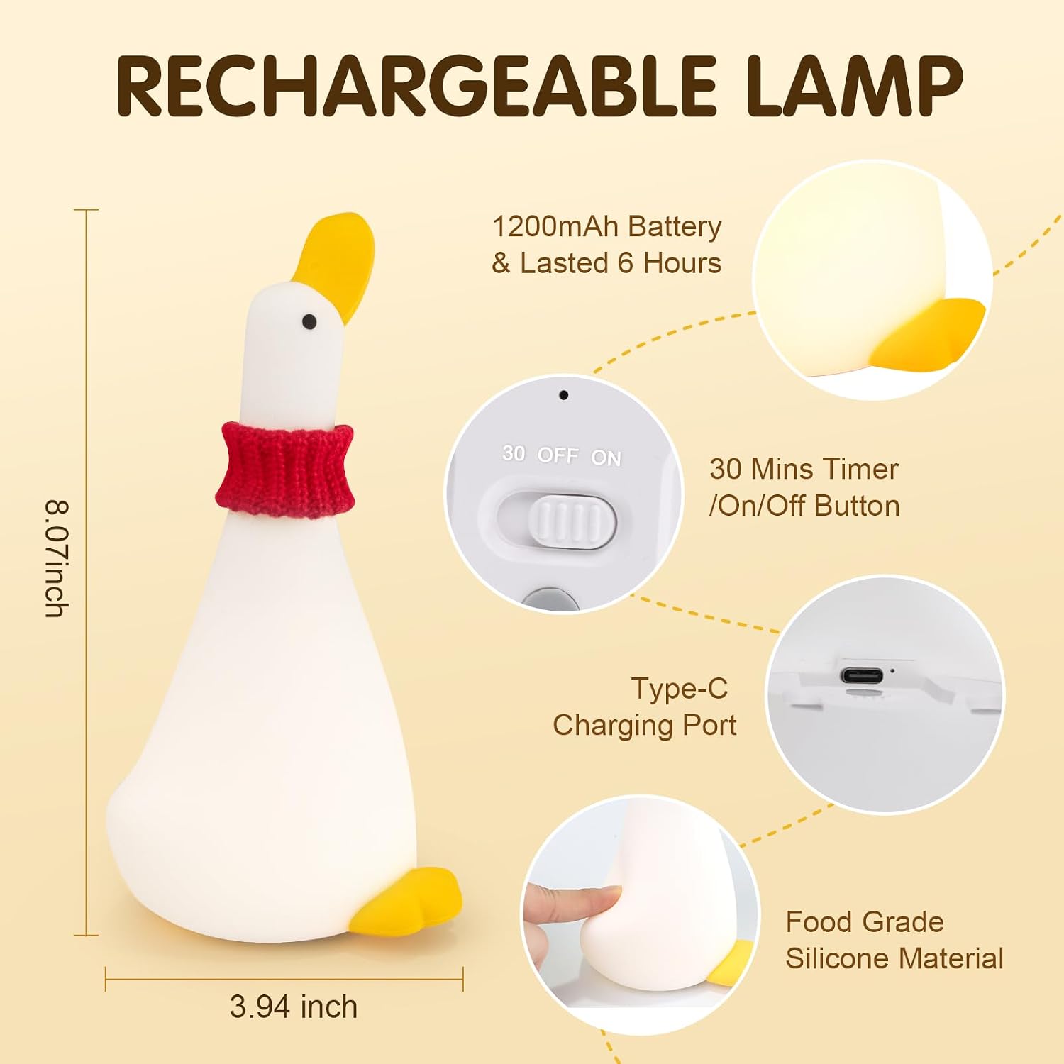 Gefaxi Duck Night Light Silicone Cute Dorm Bedroom Home Decor Night Light for Breastfeeding Squishy Duck Nightlight Cordless Rechargeable D…