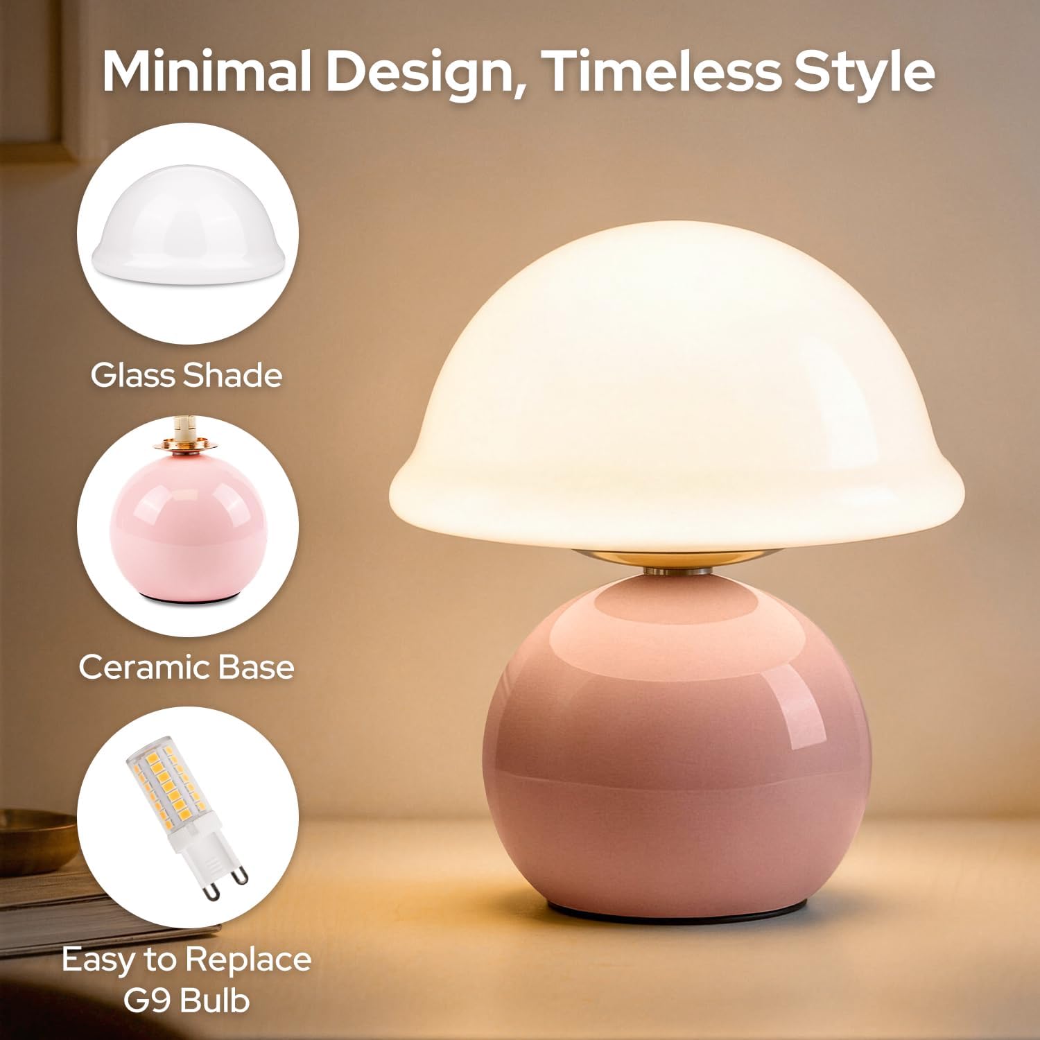 Mushroom Table Lamp for Bedroom, Cozy Bedside Lamp with Glass Shade, Stepless Dimmable Nightstand Lamp for Relaxing Bedroom Decor &…