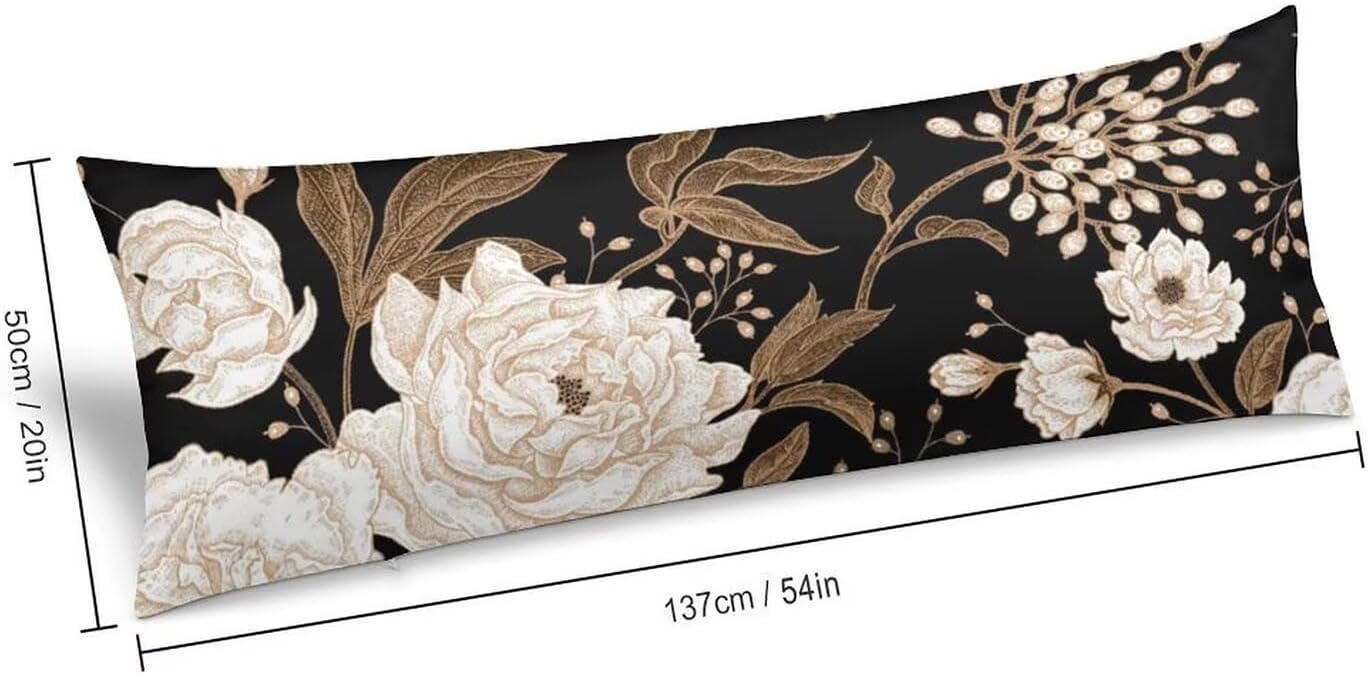 Body Pillow Cover Vintage Peony Body Pillowcase Beige Floral Leave Rustic Black Decorative Rectangle Long Pillow Cases Beige Flower…