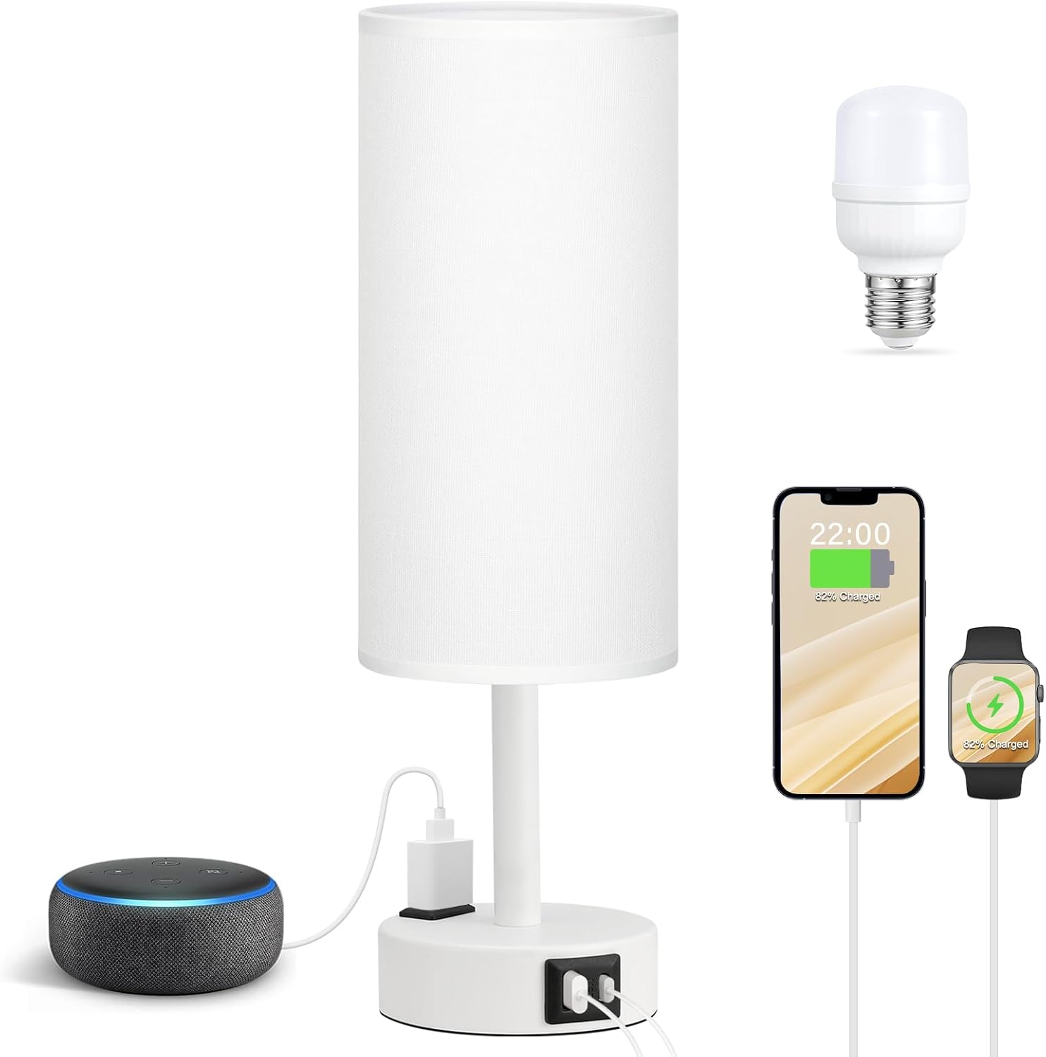 Fenmzee Matte White Bedside Table Lamp for Bedroom - 3 Way Dimmable Touch Lamp USB C Charging Ports and AC Outlet, Small Lamp Round…