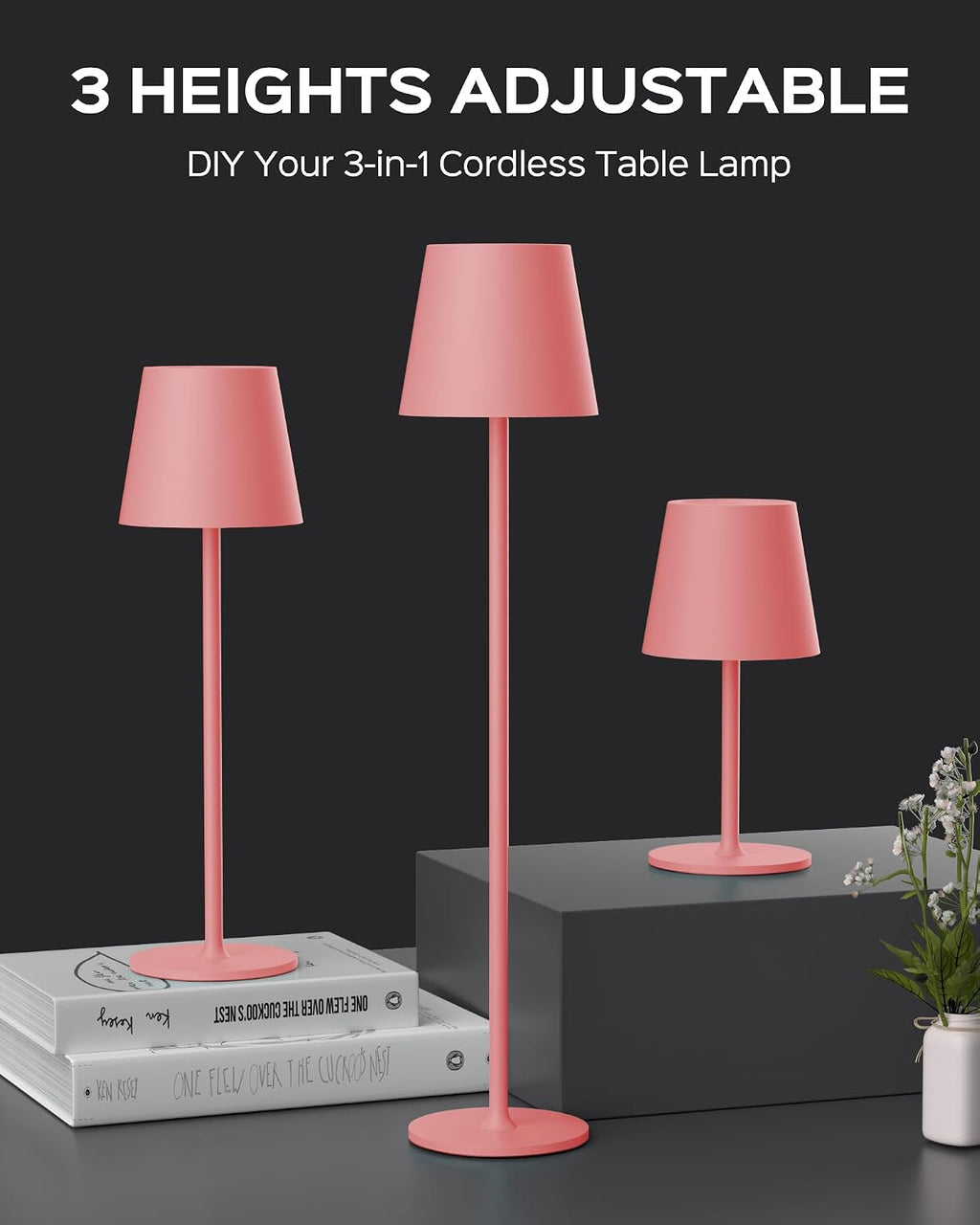 JACKYLED Cordless Table Lamps Rechargeable, 3 Adjustable Height, 5000mAh Battery Operated, 3 Colors Smooth Dimming, Portable LED…
