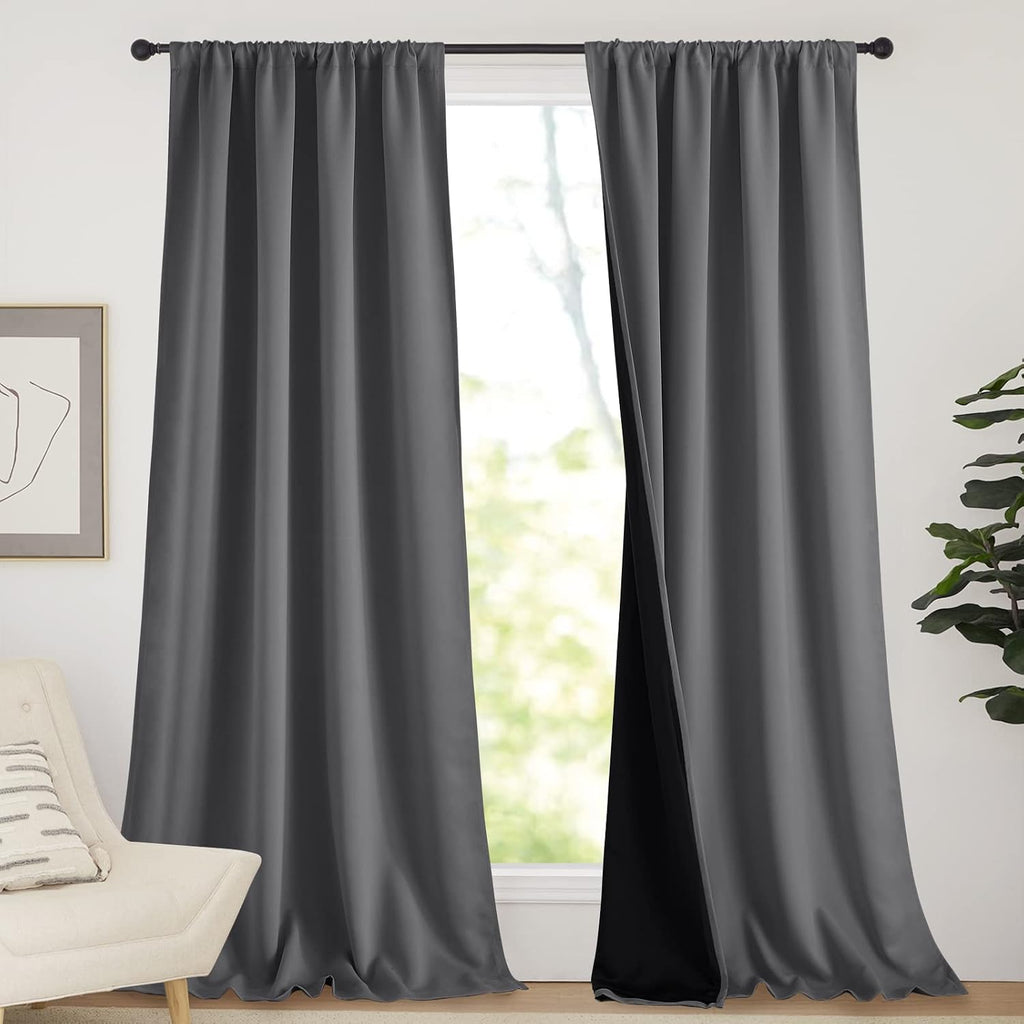 Nicetown Total Shade Curtains and Draperies, Grey Blackout Bedroom Curtains, Heavy-Duty Rod Pocket Drapes with Black Liner Backing for Vill…