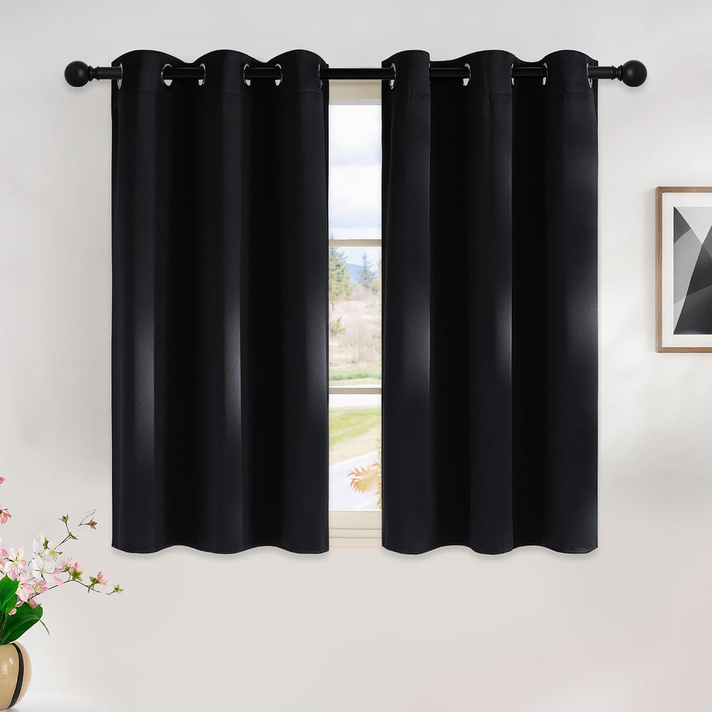 NICETOWN Blackout Curtains 45 Inches Long Kitchen Drapes, Black Solid Thermal Insulated Grommet Blackout Drapery Panels for Window (2…